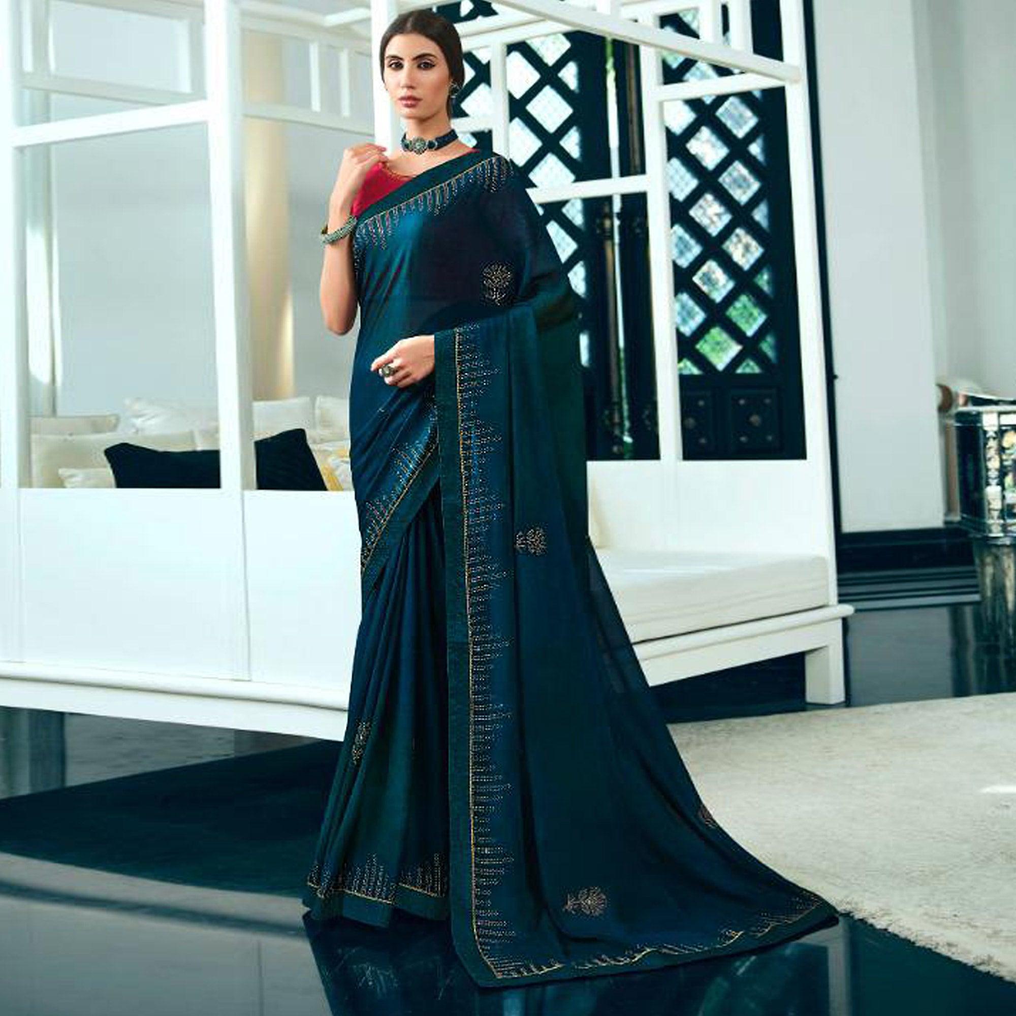 Teal Green Partywear Foil Printed Georgette Saree - Peachmode