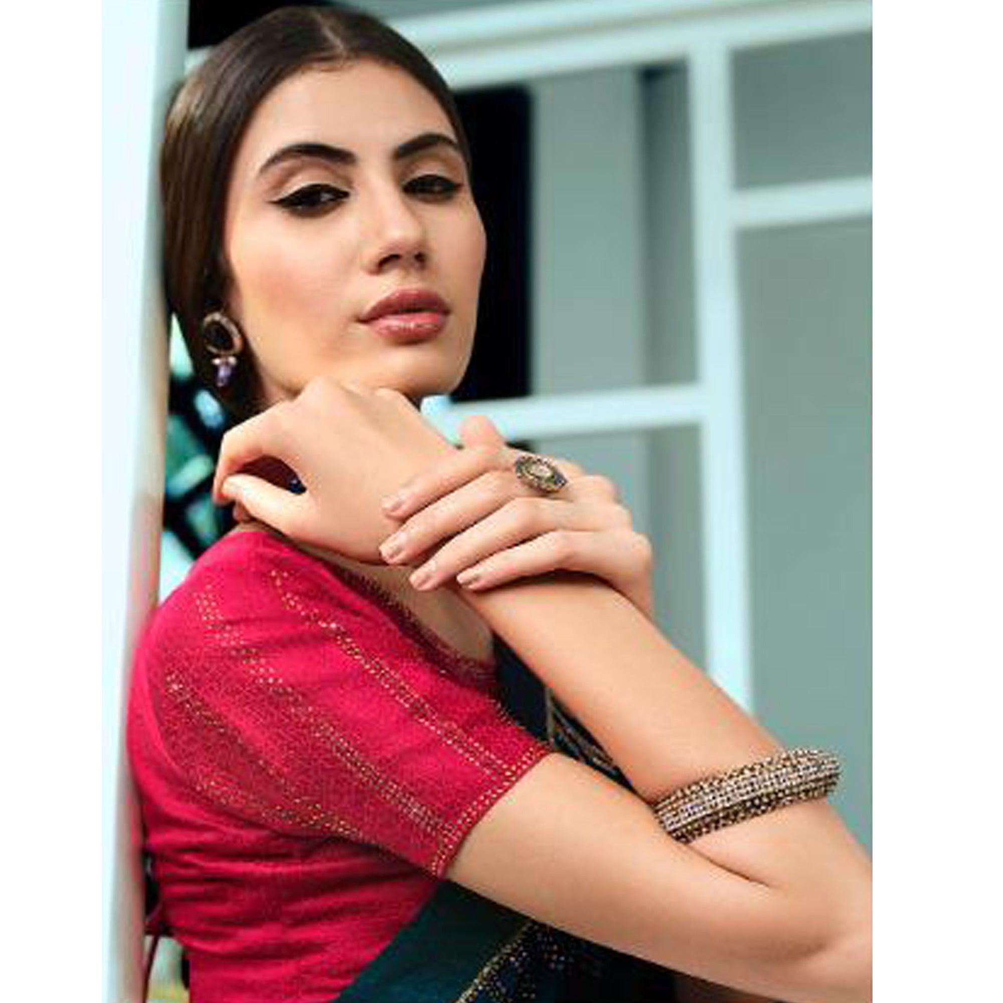 Teal Green Partywear Foil Printed Georgette Saree - Peachmode