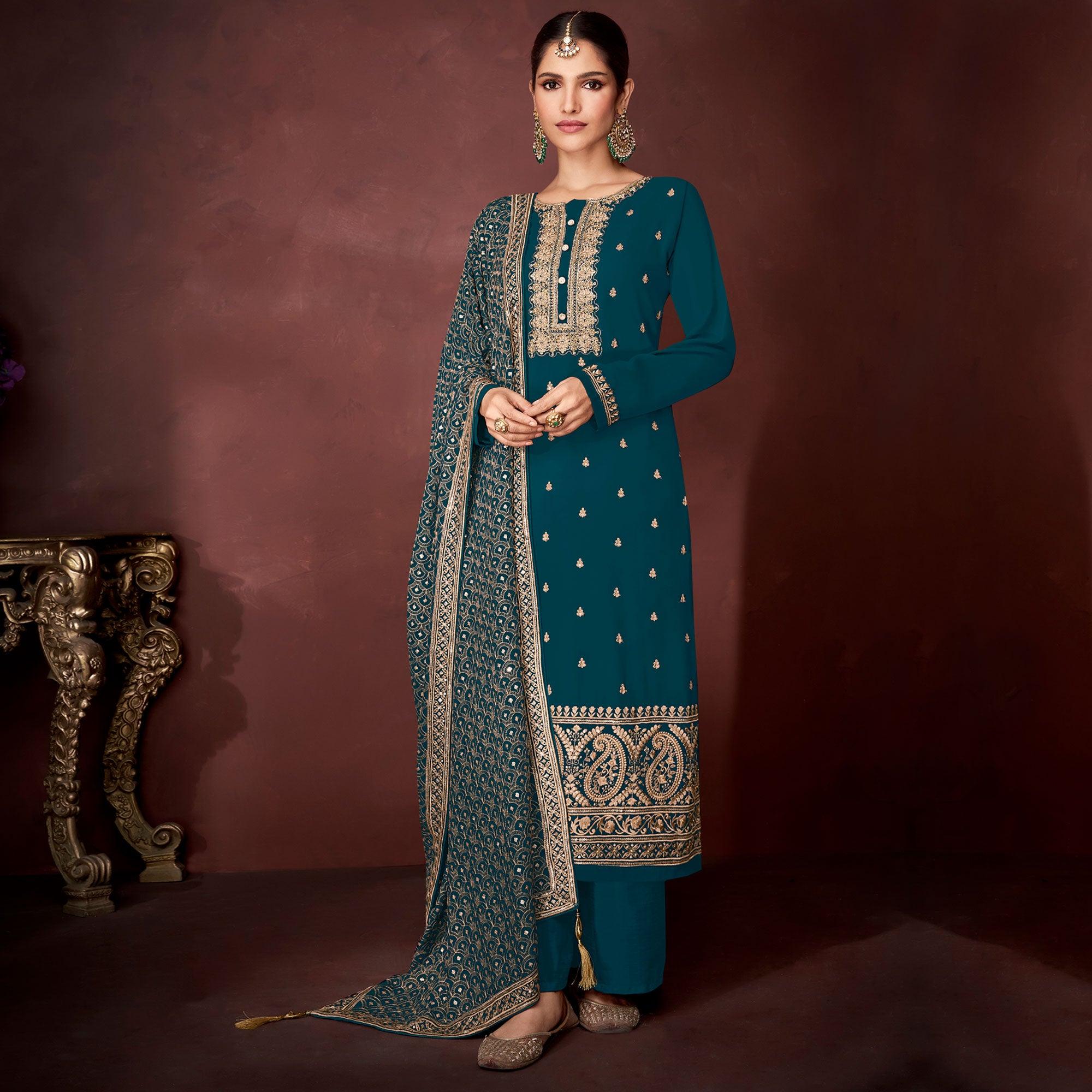 Teal Green Partywear Sequence Embroidered Heavy Faux Georgette Palazzo Suit - Peachmode