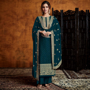 Teal Green Partywear Sequence Embroidered Real Georgette Palazzo Suit - Peachmode