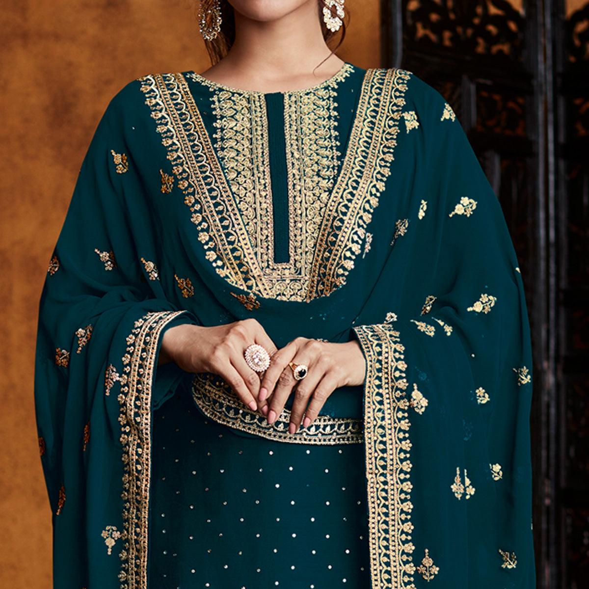 Teal Green Partywear Sequence Embroidered Real Georgette Palazzo Suit - Peachmode