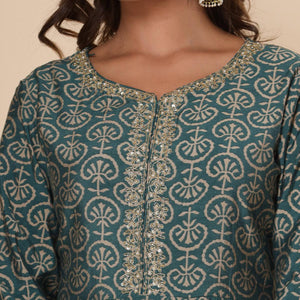 Teal Green Printed Cotton Silk Anarkali Kurti Pant Set With Dupatta - Peachmode