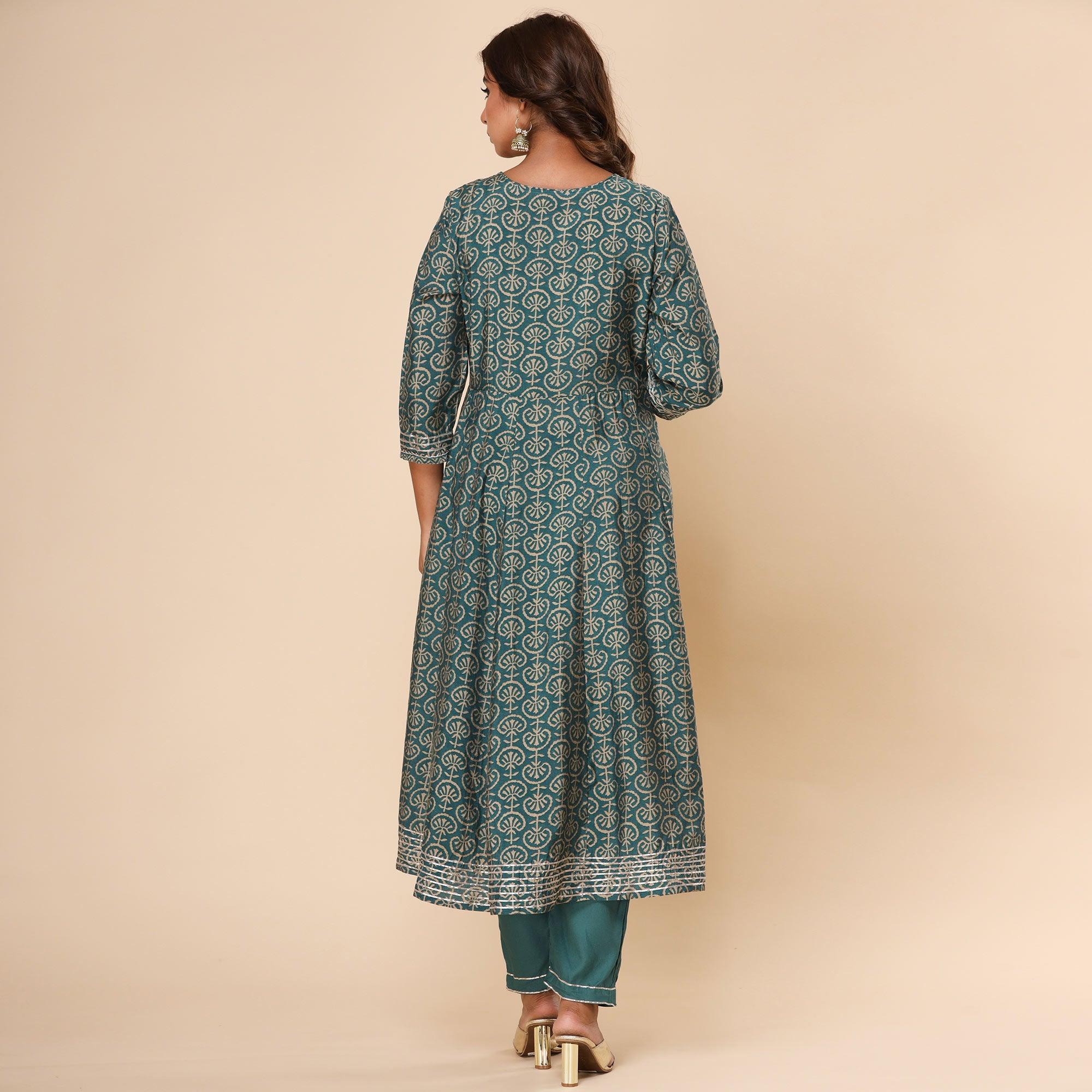 Teal Green Printed Cotton Silk Anarkali Kurti Pant Set With Dupatta - Peachmode