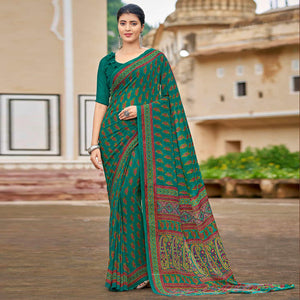Teal Green Printed Georgette Saree - Peachmode
