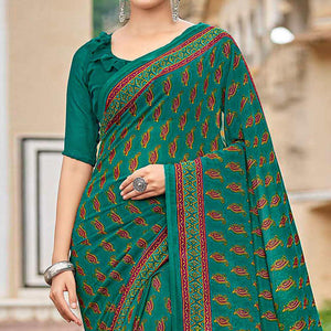 Teal Green Printed Georgette Saree - Peachmode
