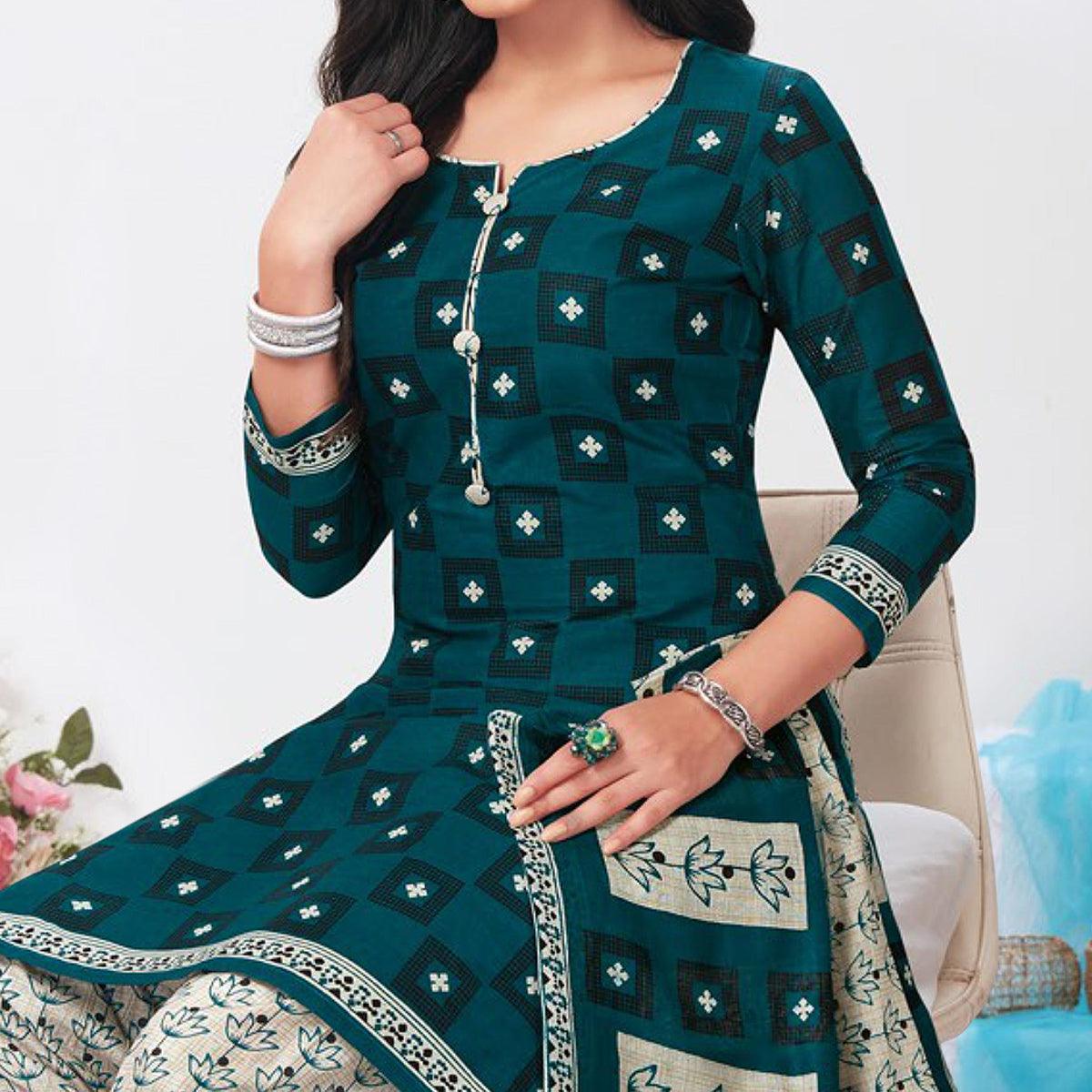 Teal Green Printed Pure Cotton Patiala Dress Material - Peachmode