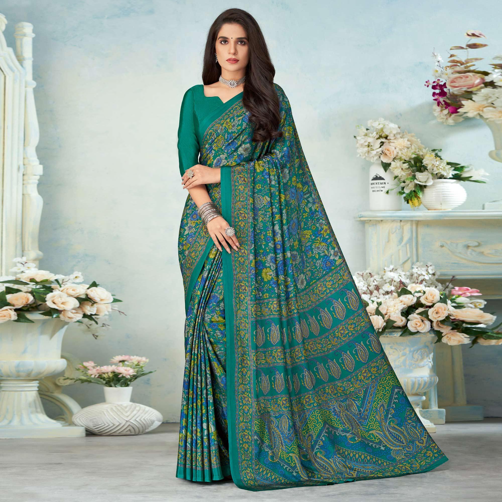 Teal Green Printed Raw Silk Saree - Peachmode