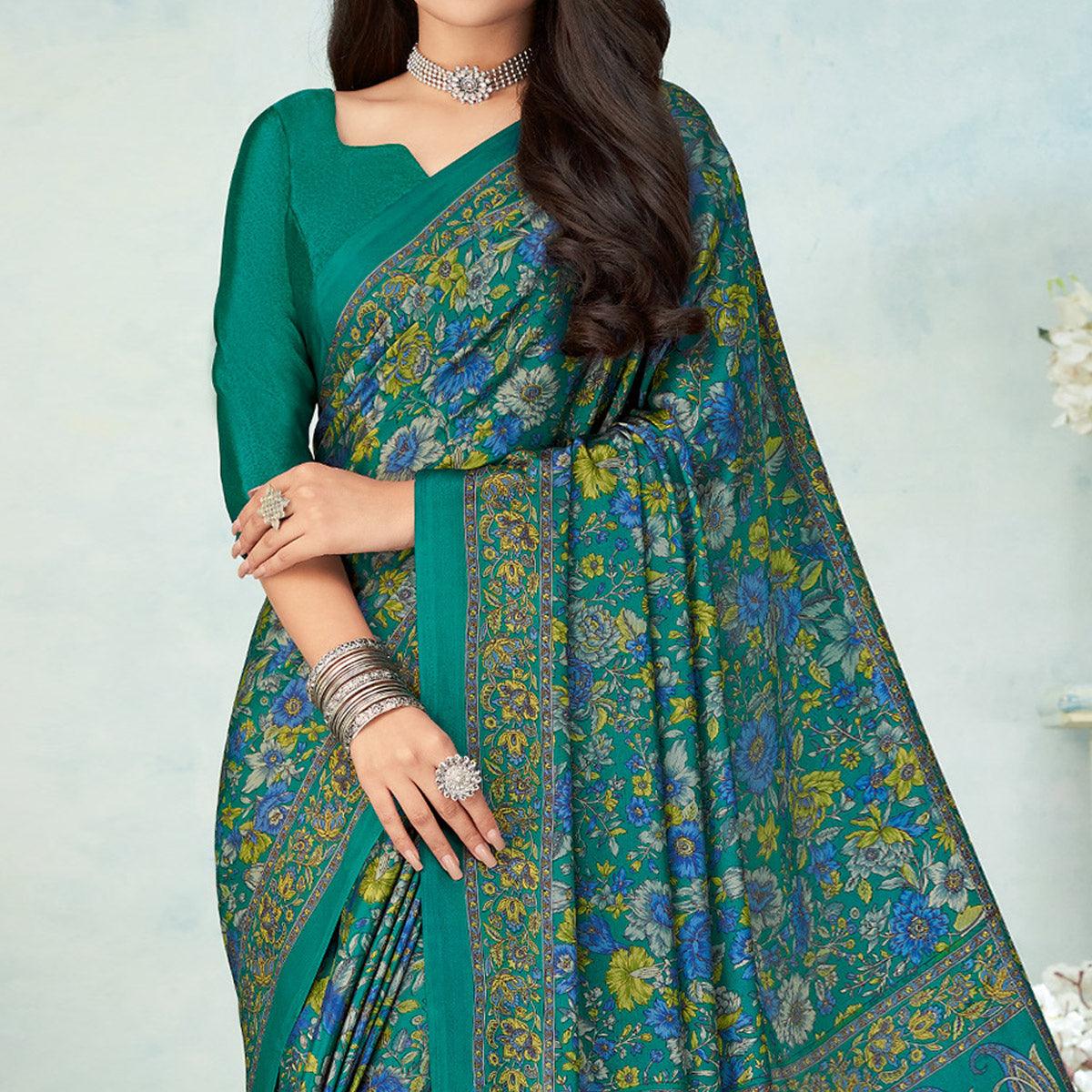 Teal Green Printed Raw Silk Saree - Peachmode