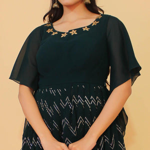 Teal Green Printed With Mukaish Work Georgette Partywear Suit - Peachmode