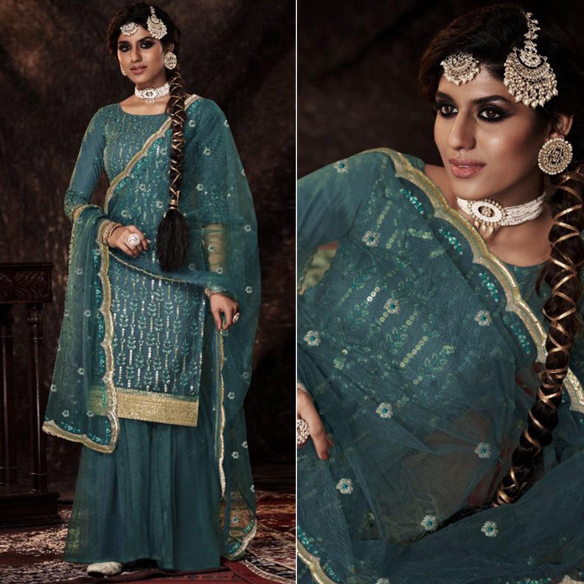 Teal Green Sequence Embroidered Netted Palazzo Suit - Peachmode