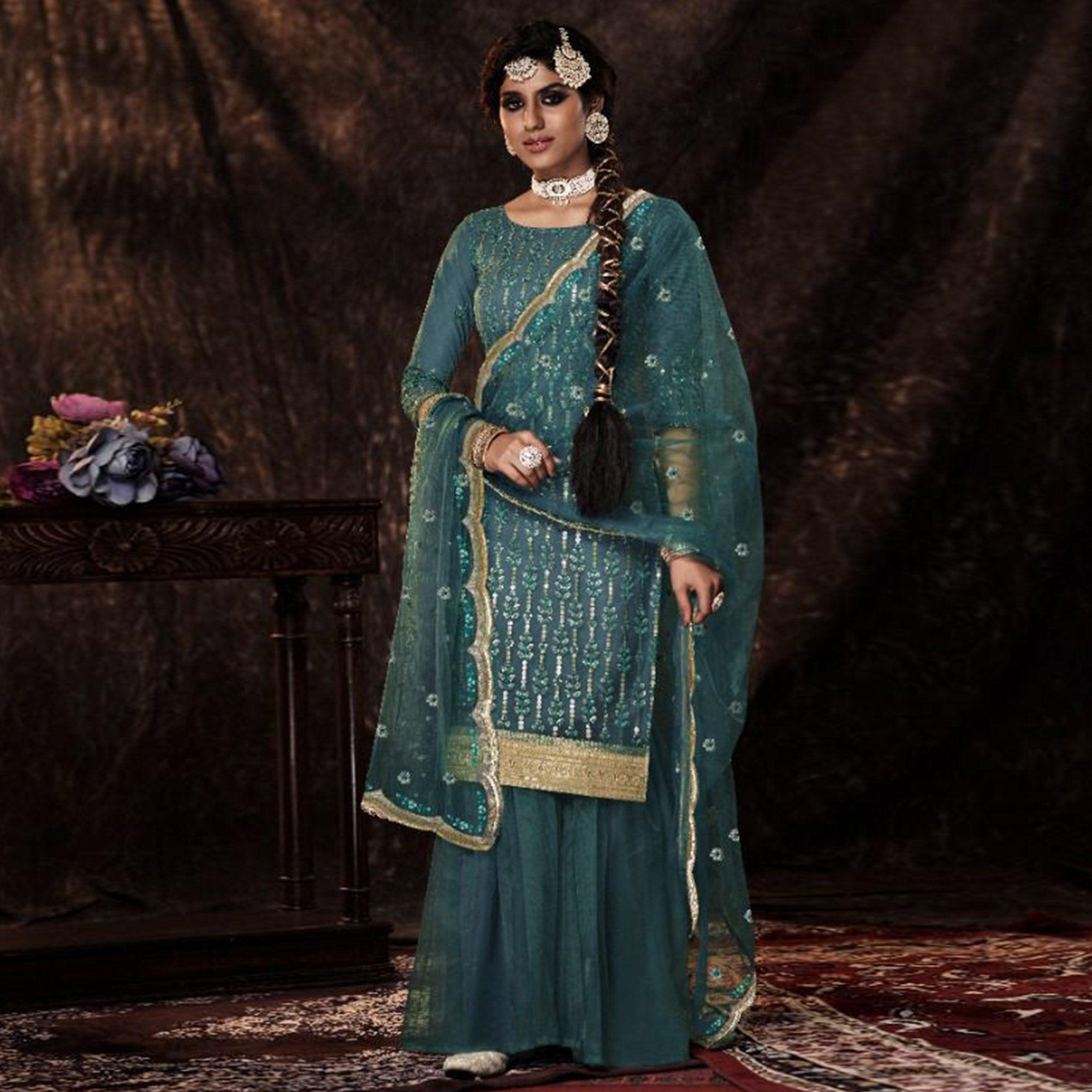 Teal Green Sequence Embroidered Netted Palazzo Suit - Peachmode