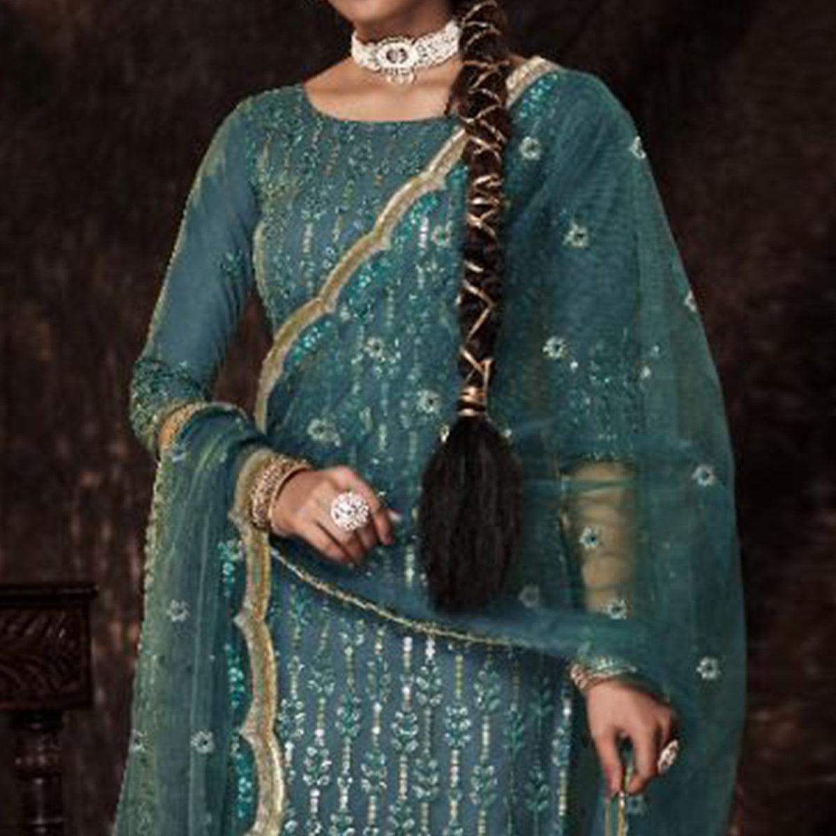 Teal Green Sequence Embroidered Netted Palazzo Suit - Peachmode