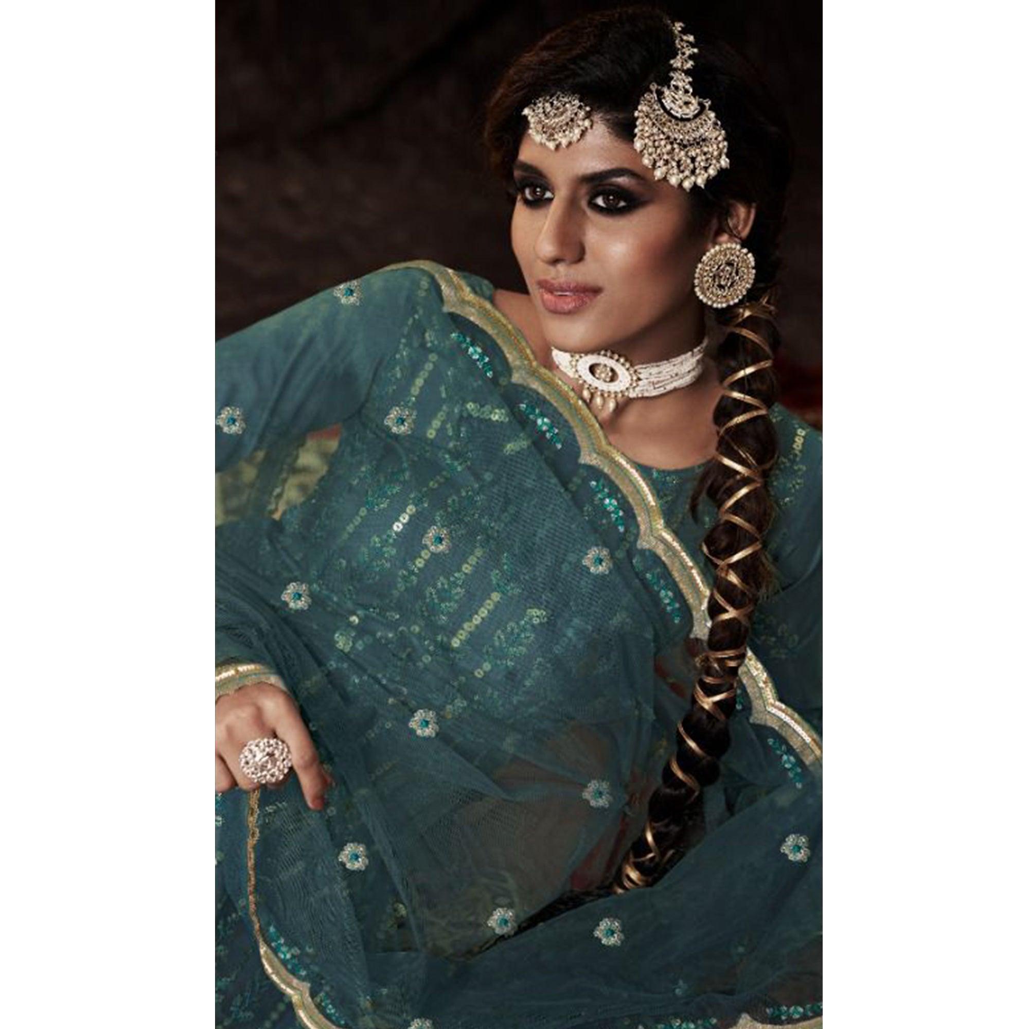 Teal Green Sequence Embroidered Netted Palazzo Suit - Peachmode