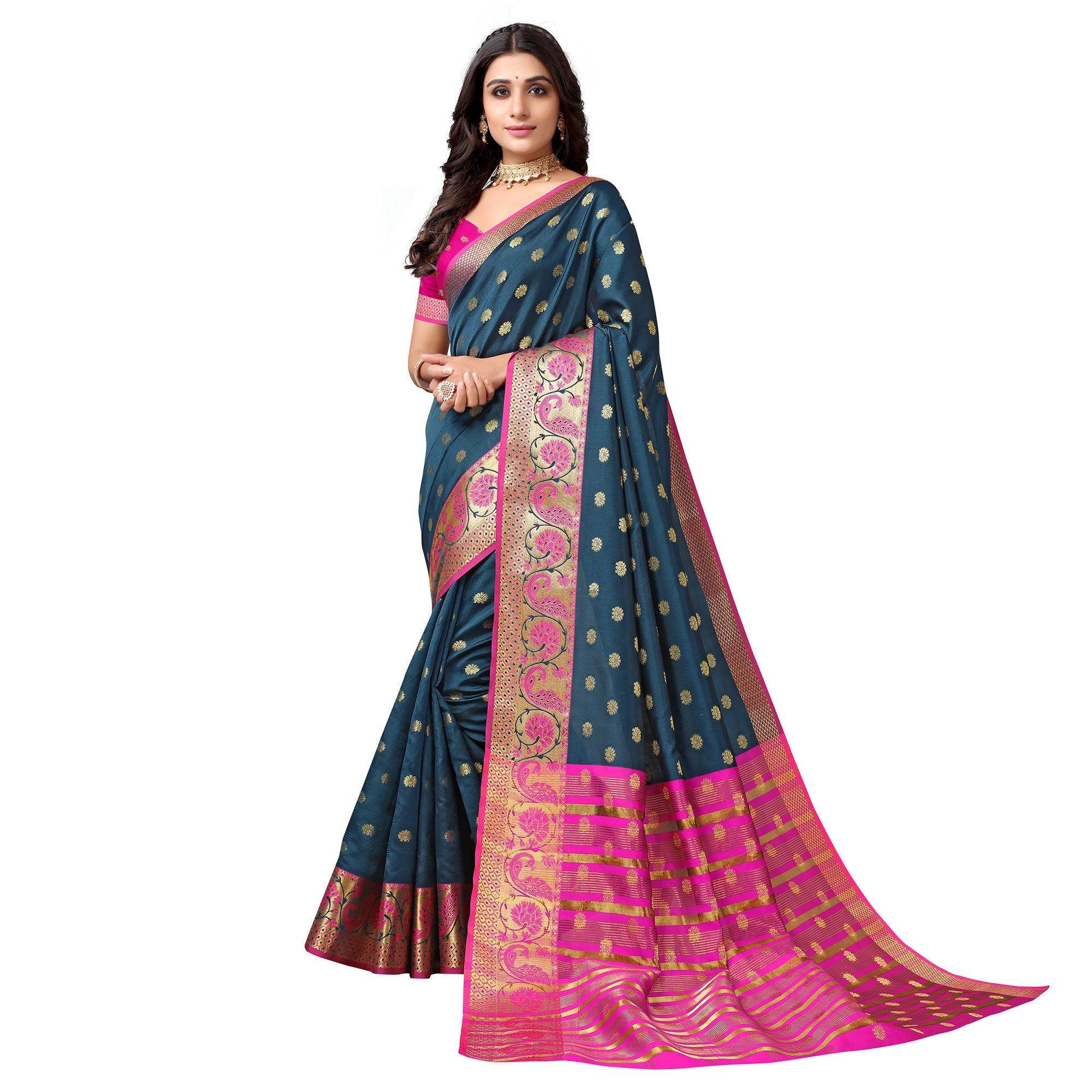 Teal Green Woven Art Silk Saree - Peachmode