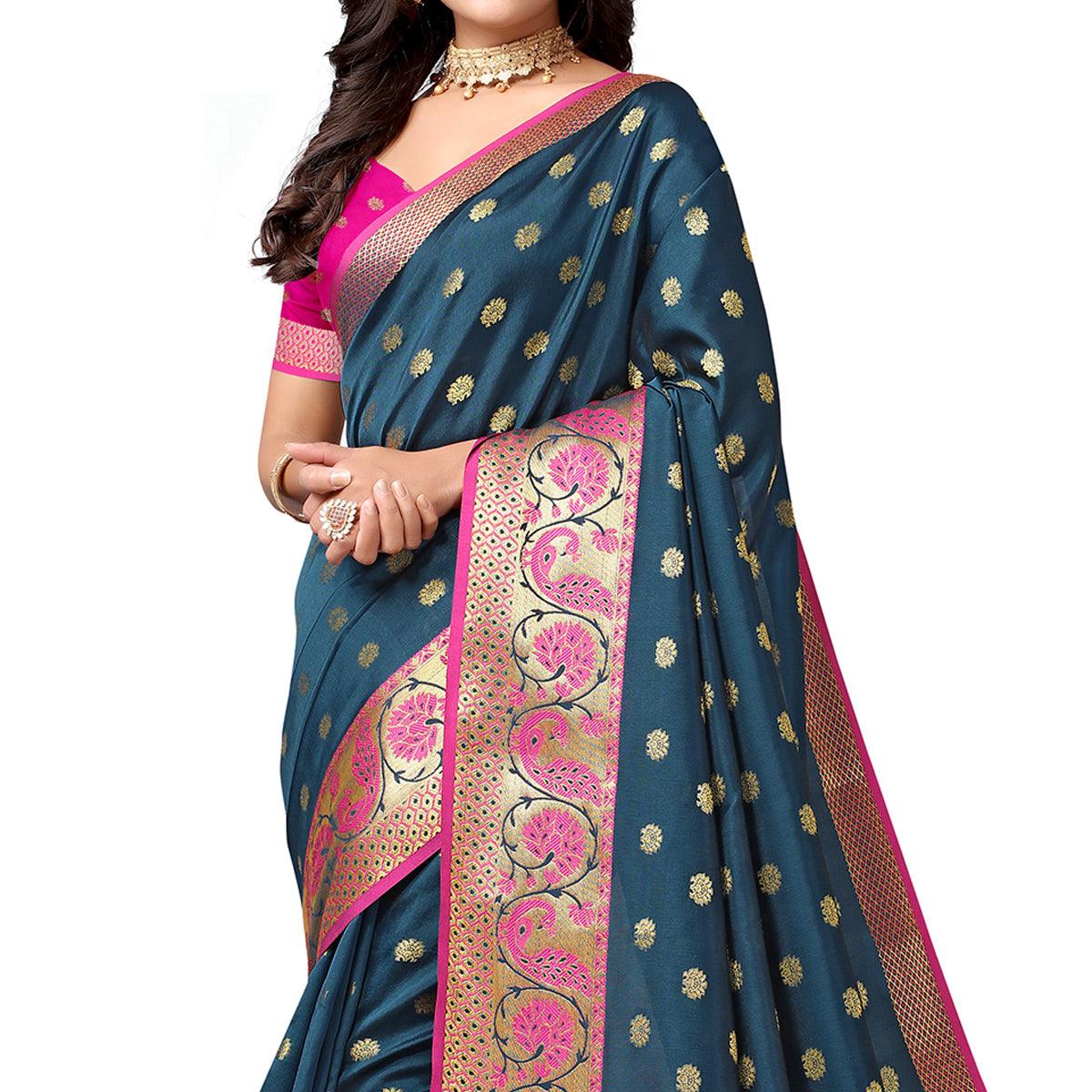 Teal Green Woven Art Silk Saree - Peachmode