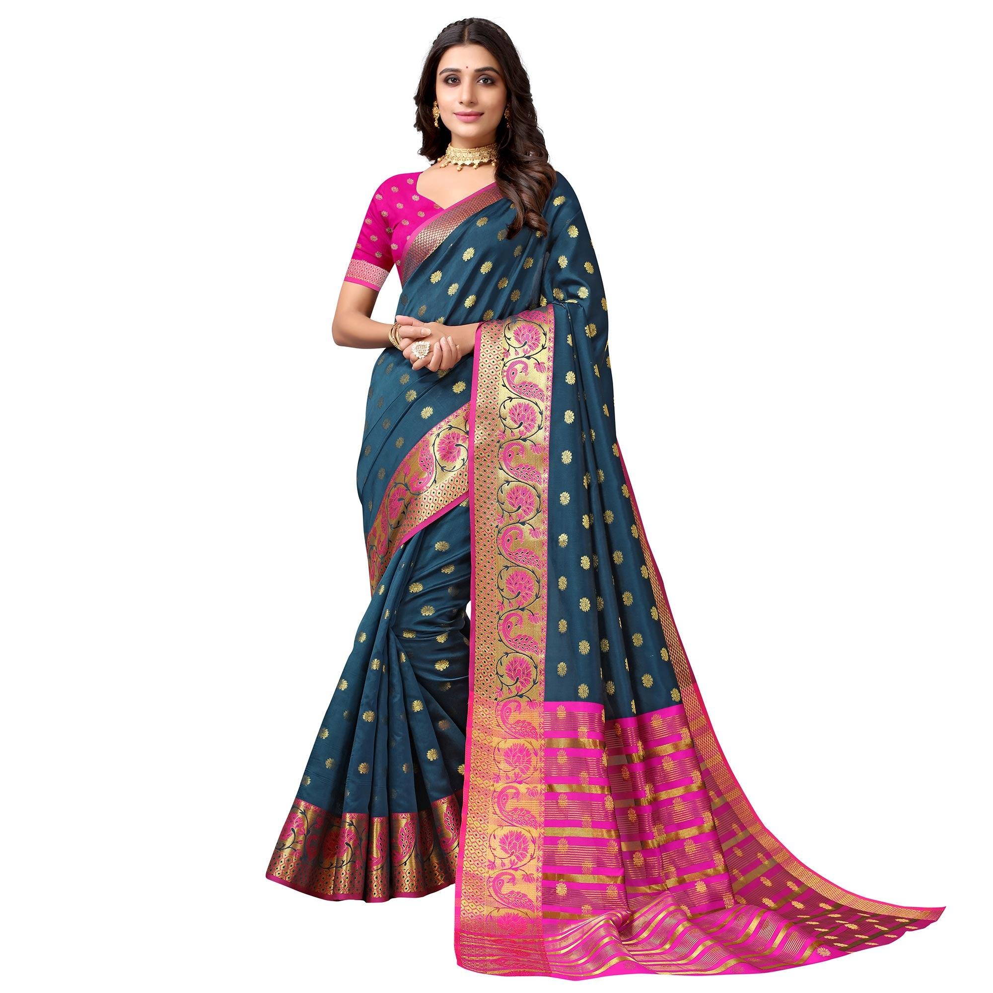 Teal Green Woven Art Silk Saree - Peachmode