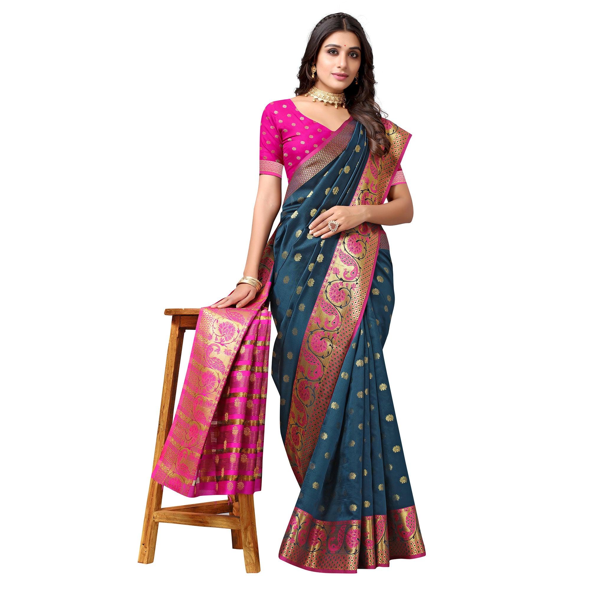 Teal Green Woven Art Silk Saree - Peachmode