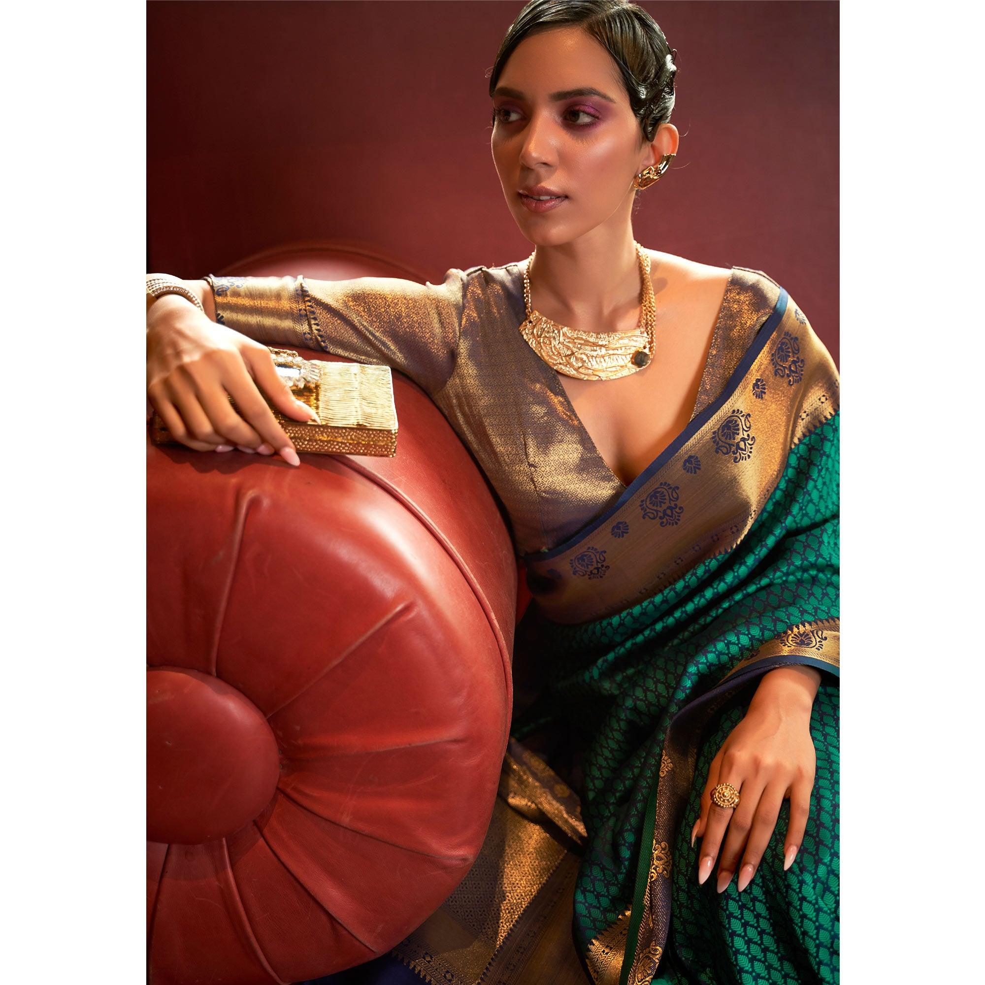 Teal Green Woven Art Silk Saree - Peachmode