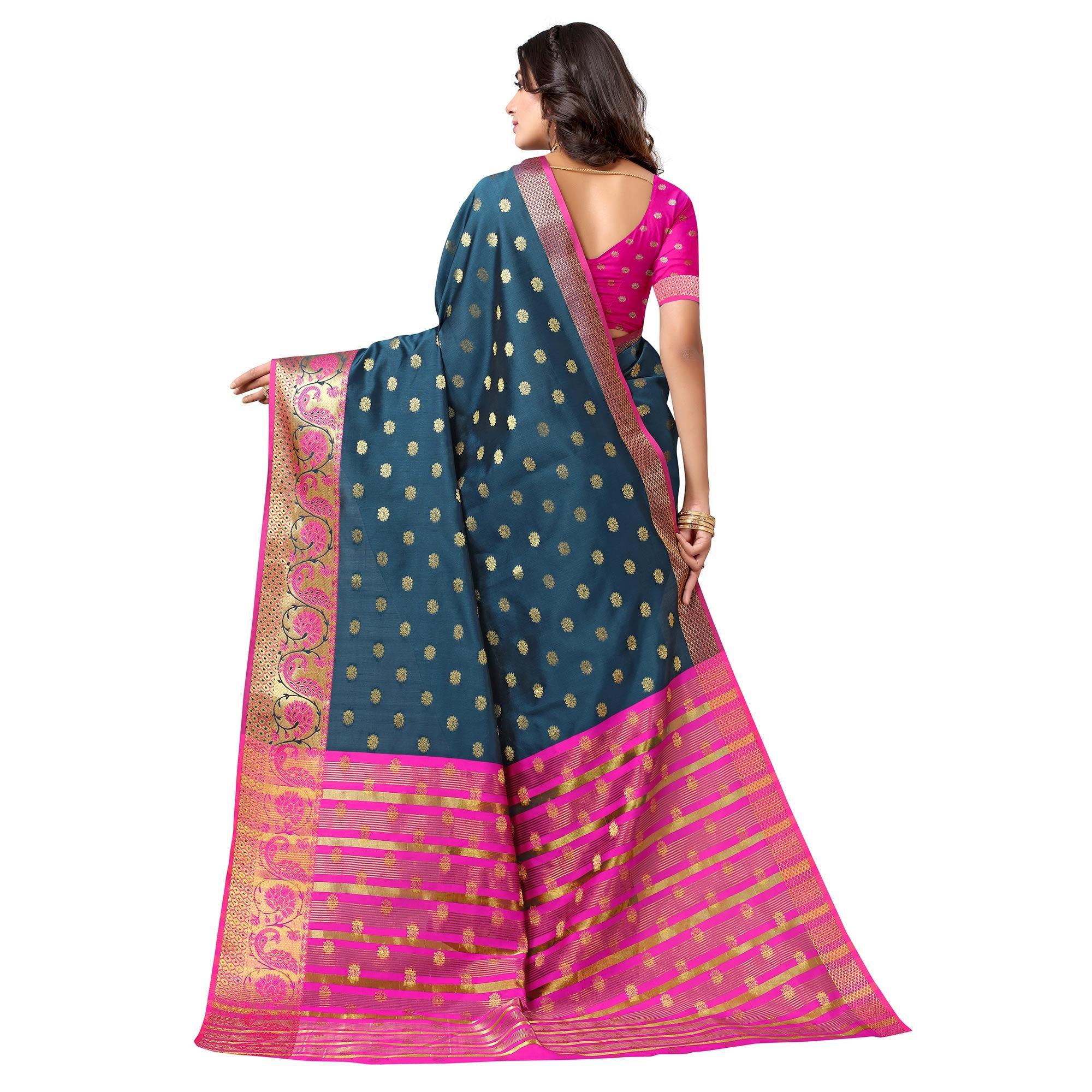 Teal Green Woven Art Silk Saree - Peachmode