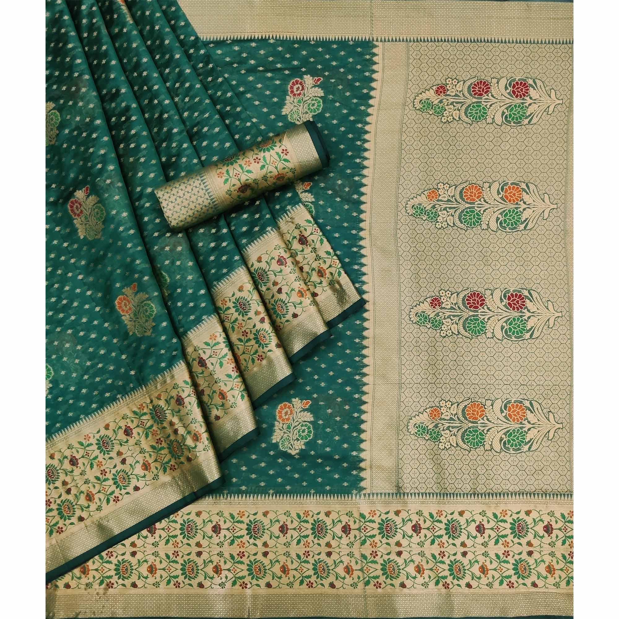 Teal Green Woven Organza Saree - Peachmode