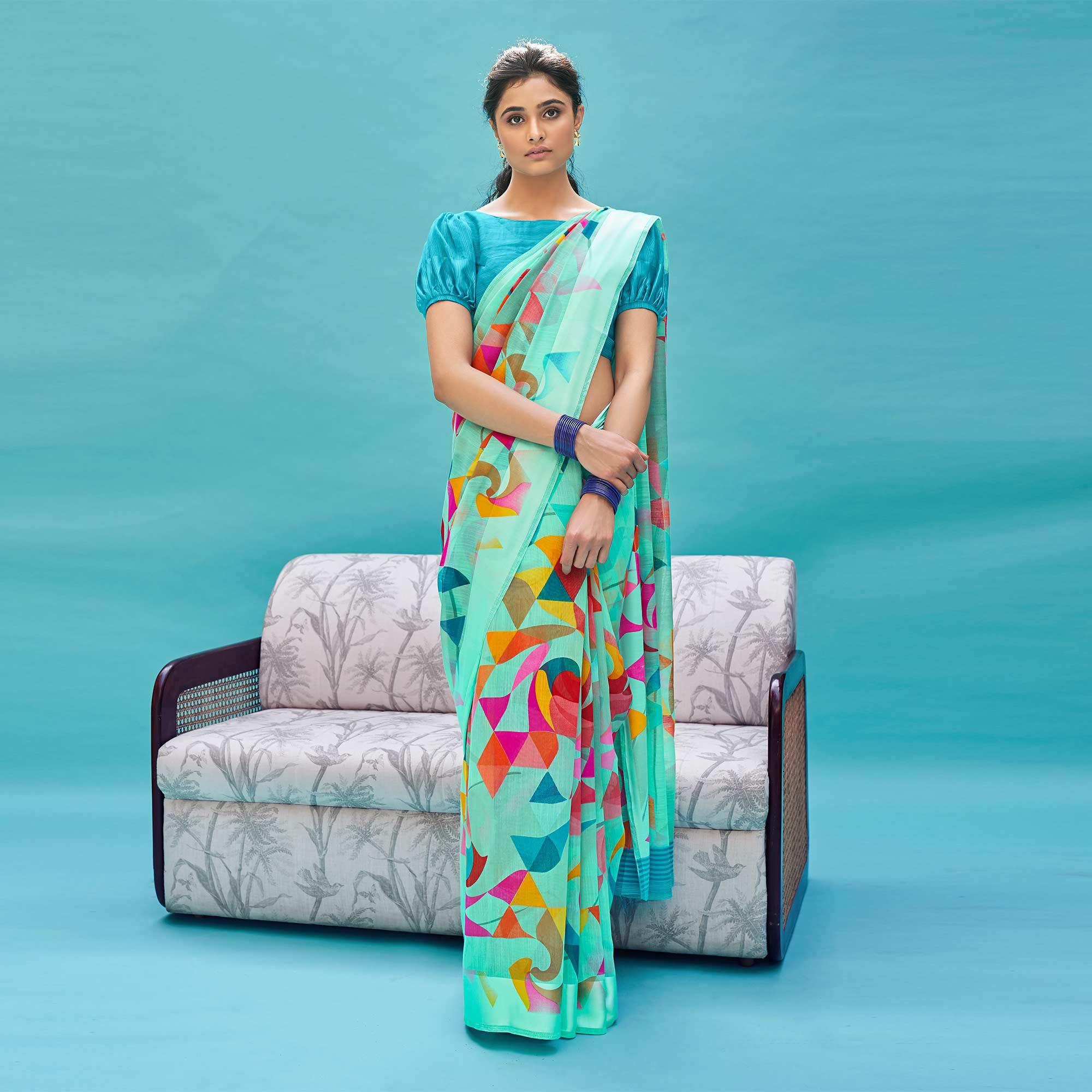 Trendy Aqua Blue Colored Casual Wear Digital Printed Linen Cotton Saree - Peachmode