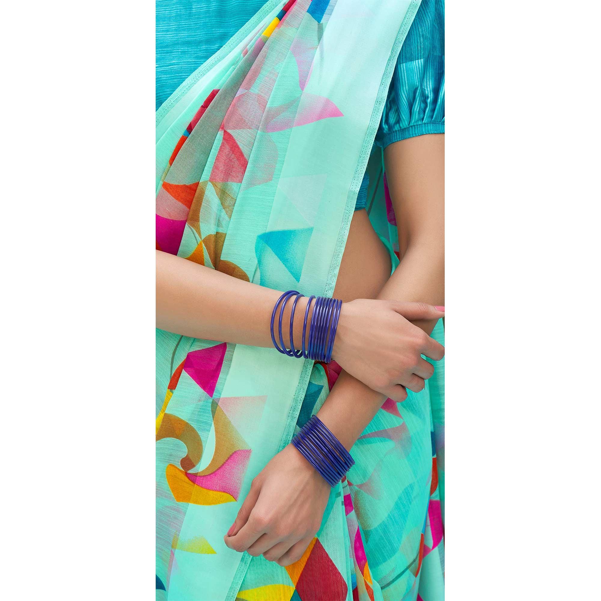 Trendy Aqua Blue Colored Casual Wear Digital Printed Linen Cotton Saree - Peachmode