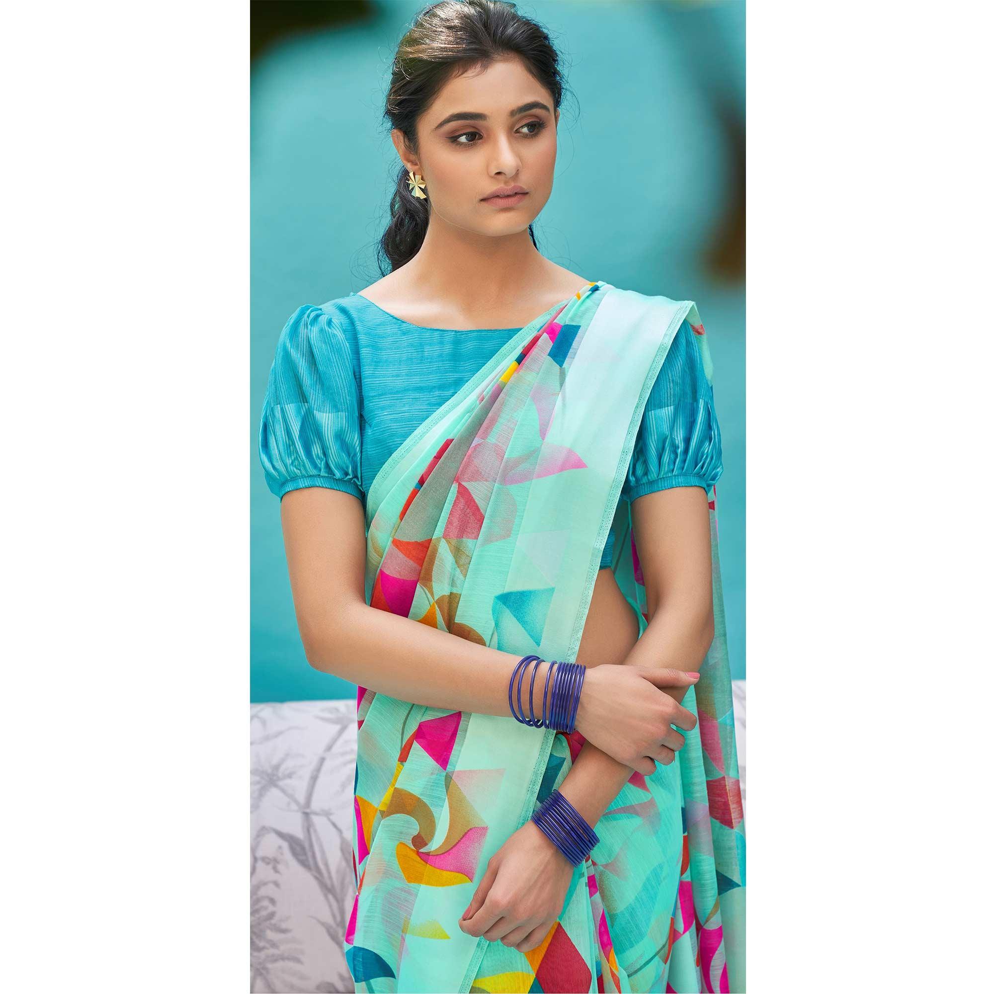 Trendy Aqua Blue Colored Casual Wear Digital Printed Linen Cotton Saree - Peachmode