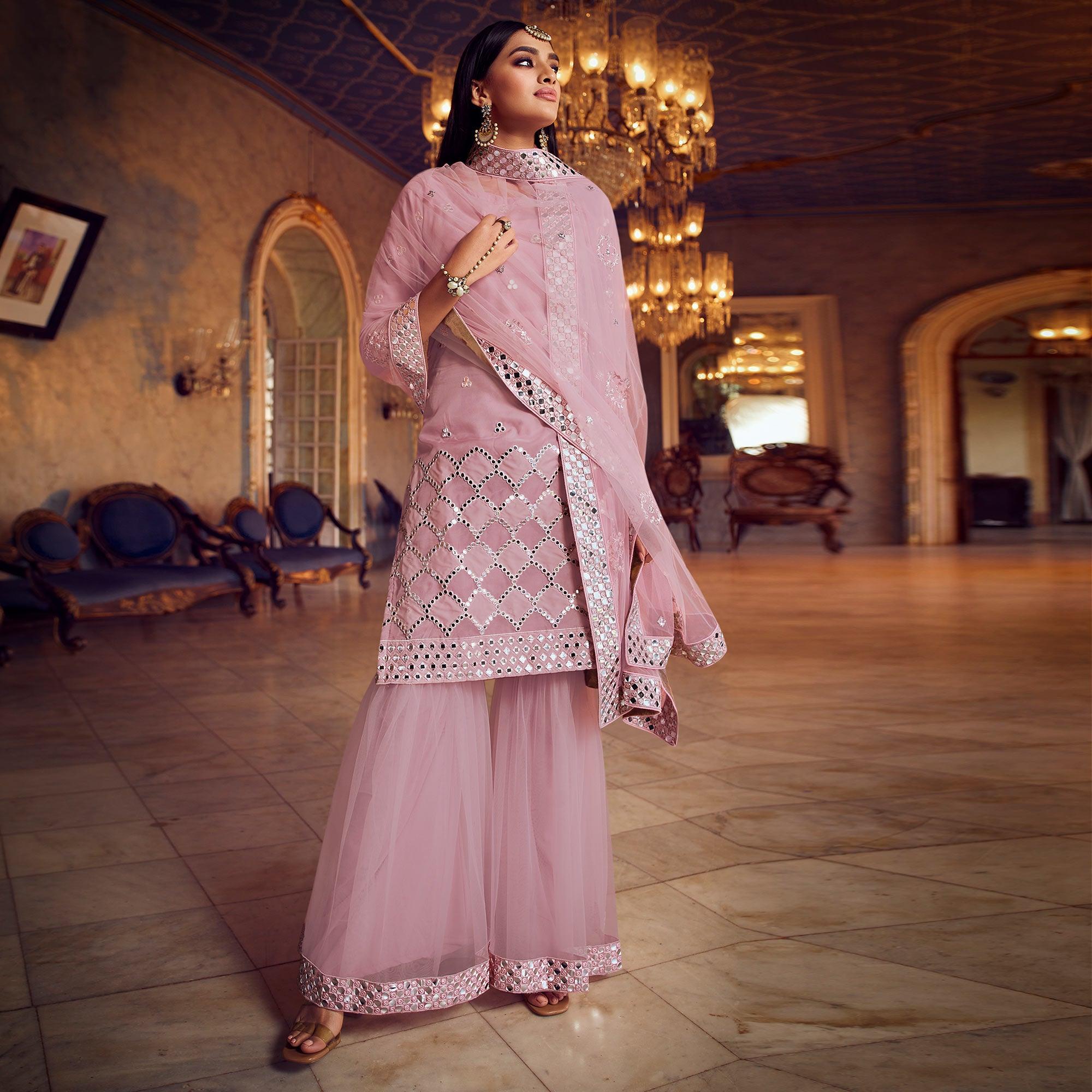 Trendy Baby Pink Coloured Partywear Thread Foil Mirror Work Organza Pallazo Suit - Peachmode
