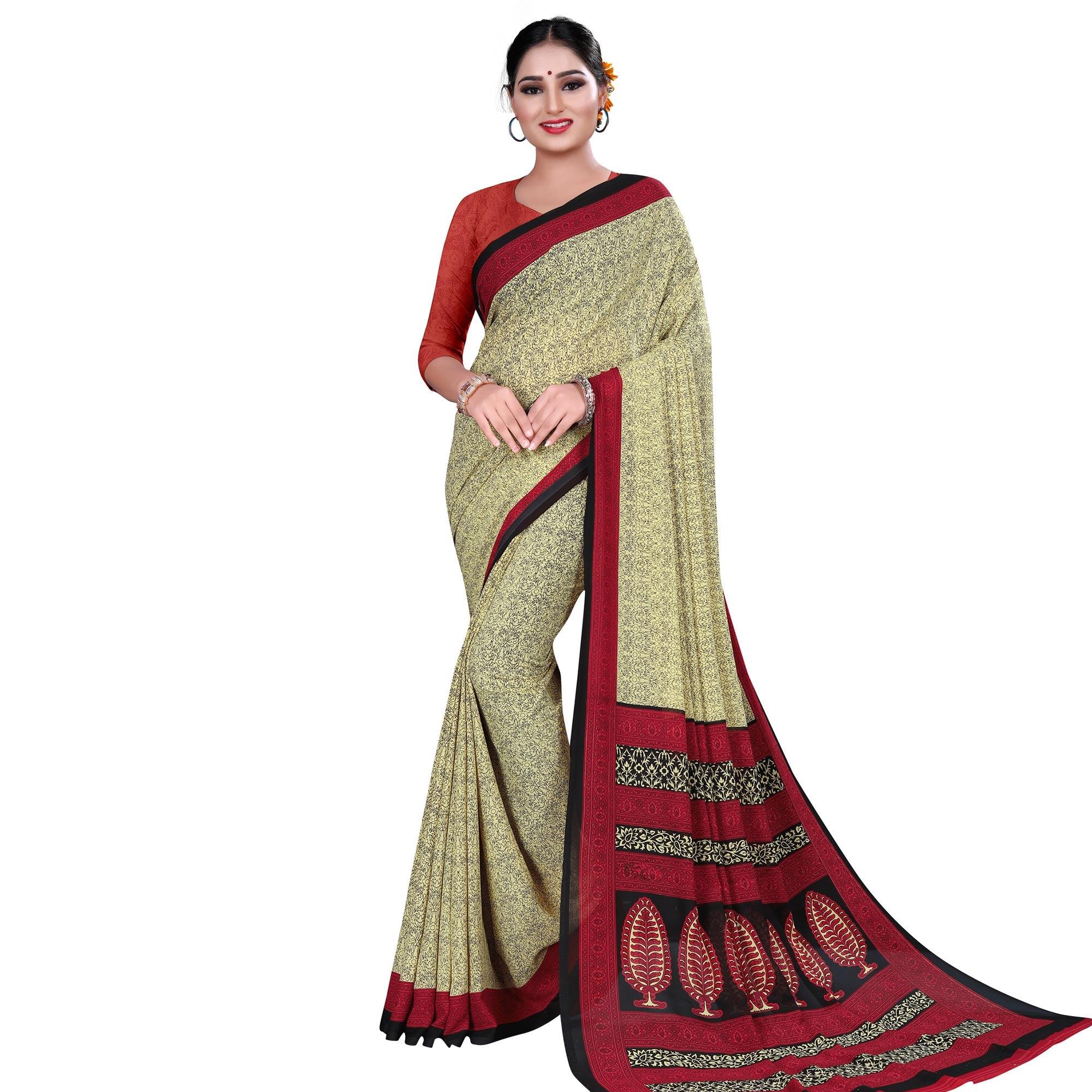 Trendy Beige Colored Casual Wear Printed Georgette Saree - Peachmode