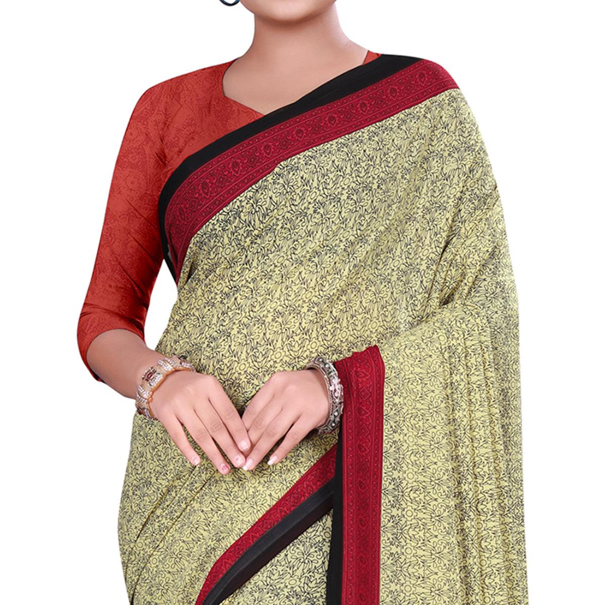Trendy Beige Colored Casual Wear Printed Georgette Saree - Peachmode