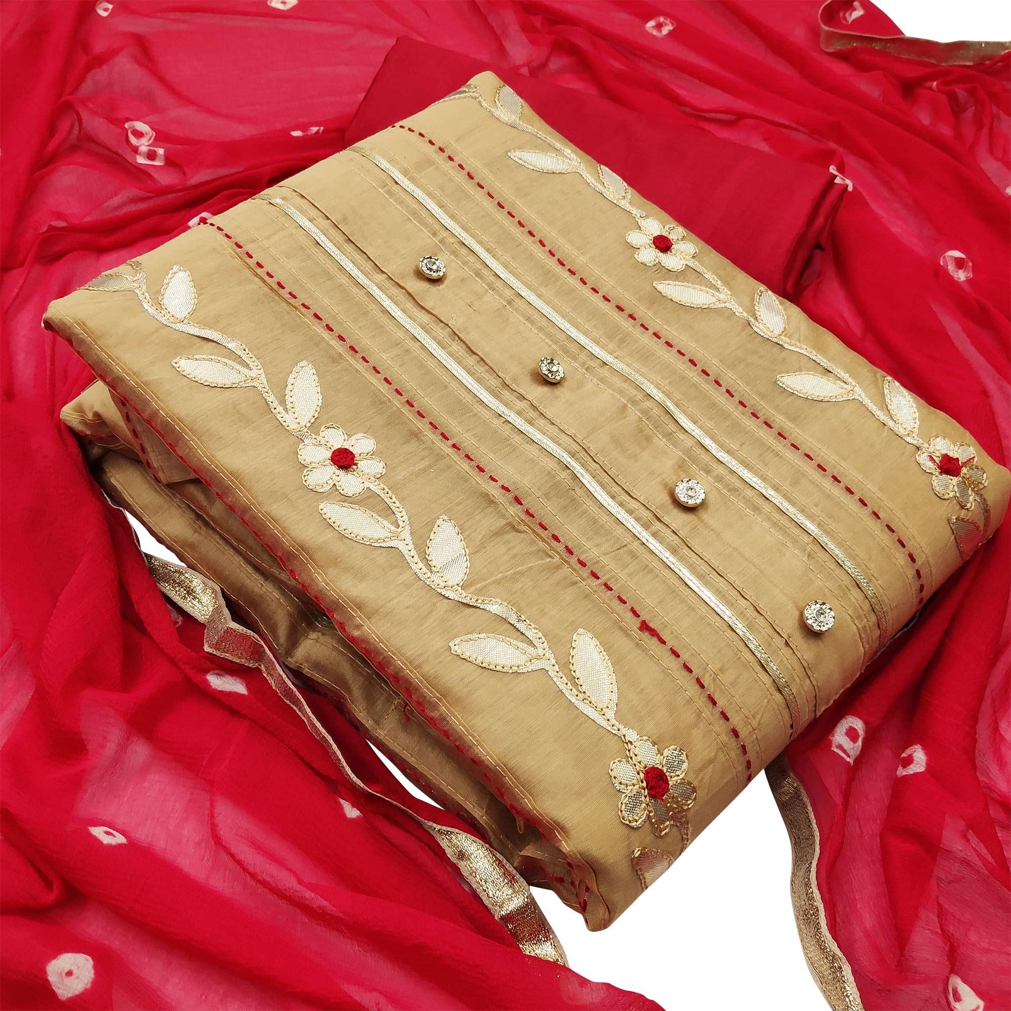 Trendy Beige Colored Festive Wear Embroidered Modal Silk Dress Material - Peachmode