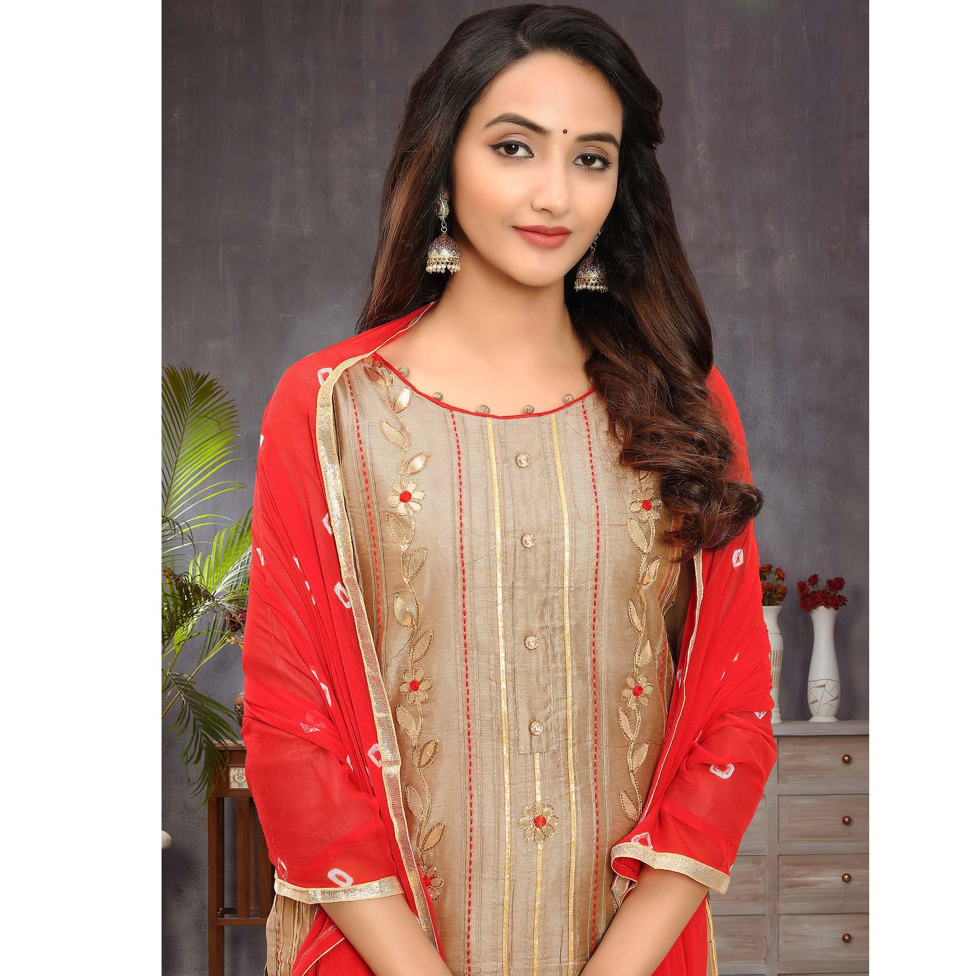 Trendy Beige Colored Festive Wear Embroidered Modal Silk Dress Material - Peachmode