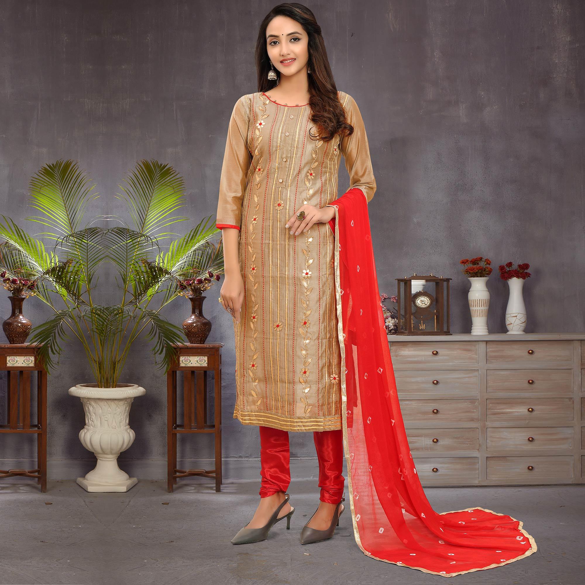 Trendy Beige Colored Festive Wear Embroidered Modal Silk Dress Material - Peachmode
