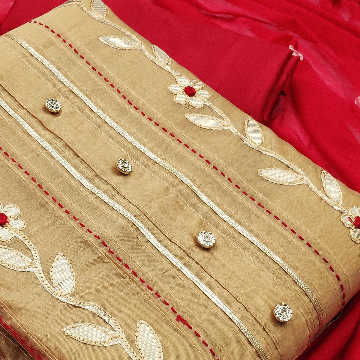 Trendy Beige Colored Festive Wear Embroidered Modal Silk Dress Material - Peachmode