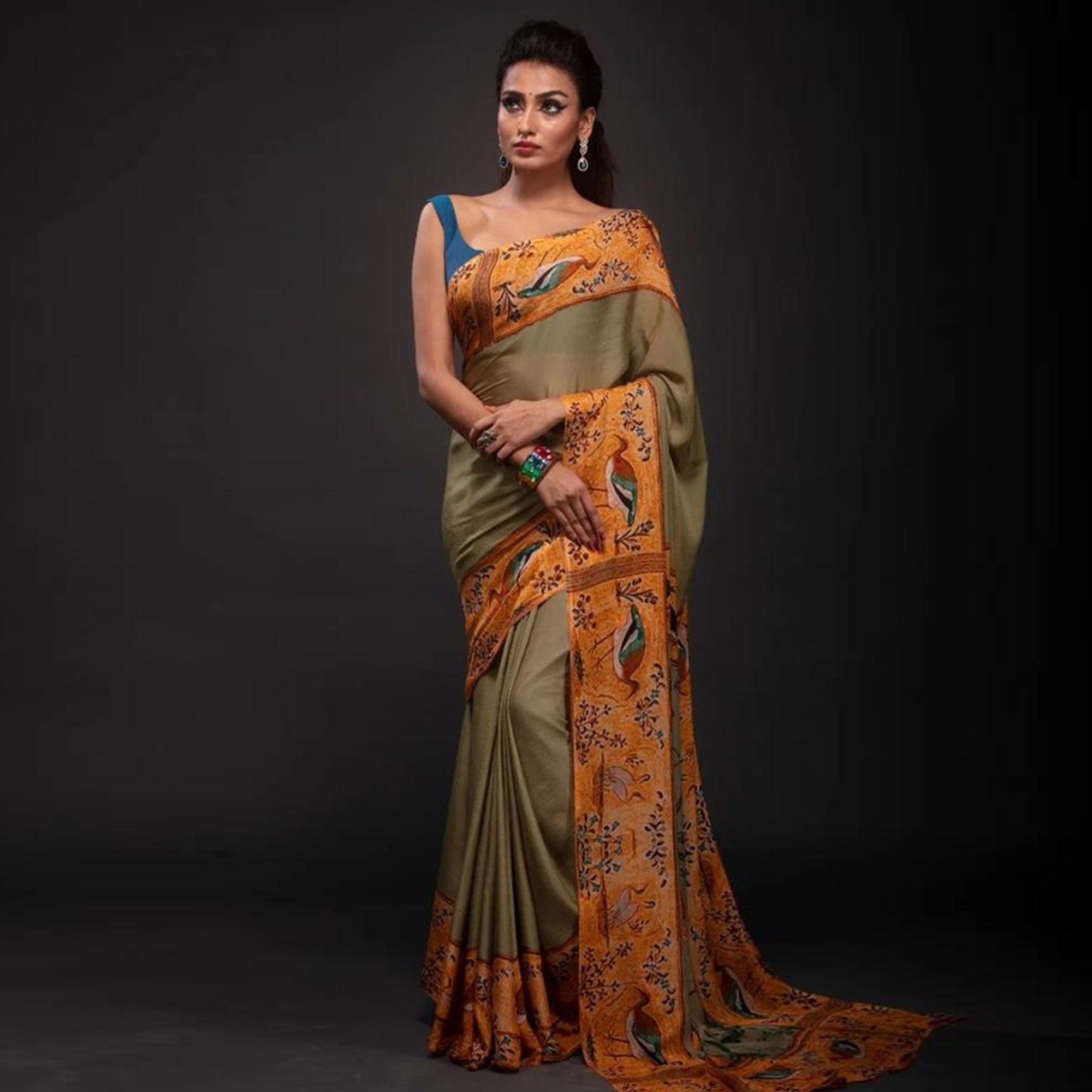 Trendy Beige Colored Festive Wear Laser Printed Silk Saree - Peachmode