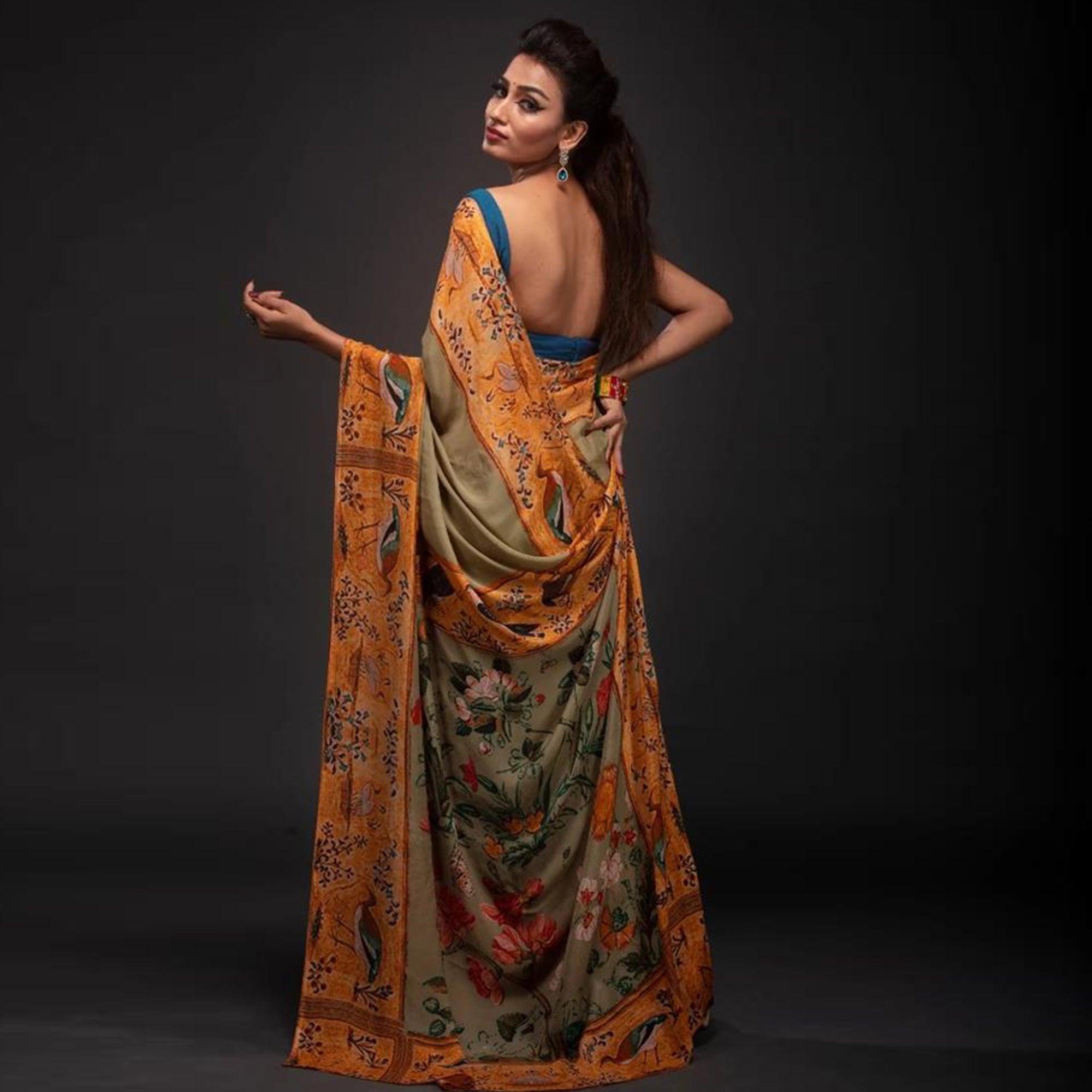 Trendy Beige Colored Festive Wear Laser Printed Silk Saree - Peachmode