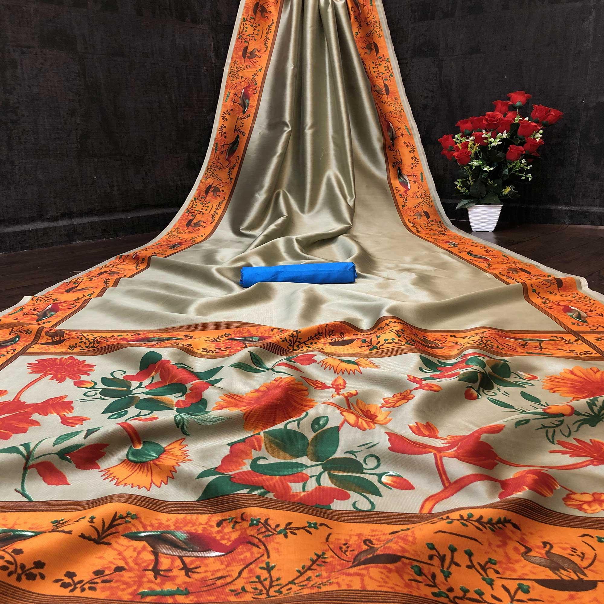 Trendy Beige Colored Festive Wear Laser Printed Silk Saree - Peachmode