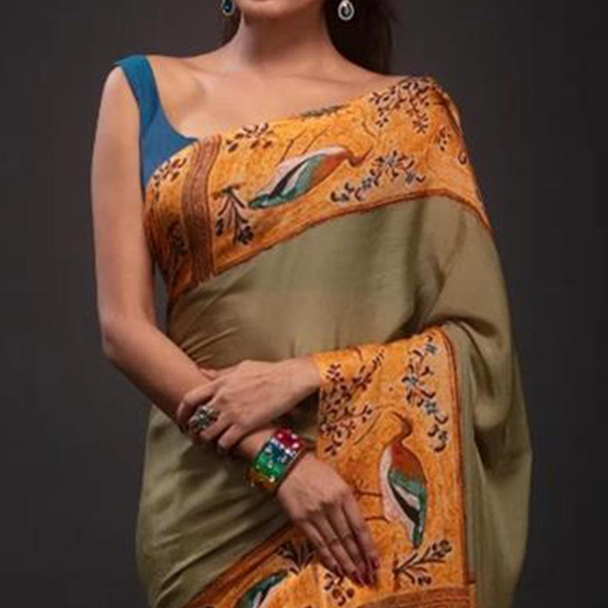 Trendy Beige Colored Festive Wear Laser Printed Silk Saree - Peachmode