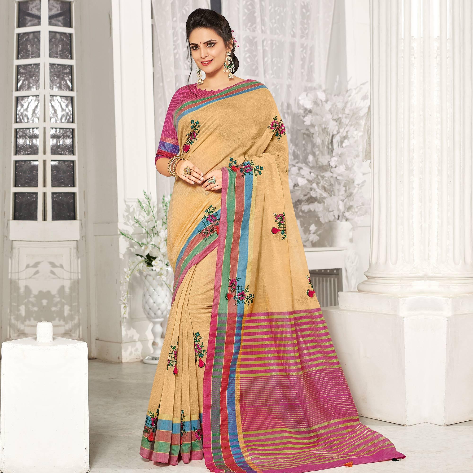 Trendy Beige Colored Party Wear Embroidered Cotton Silk Saree With Tassels - Peachmode