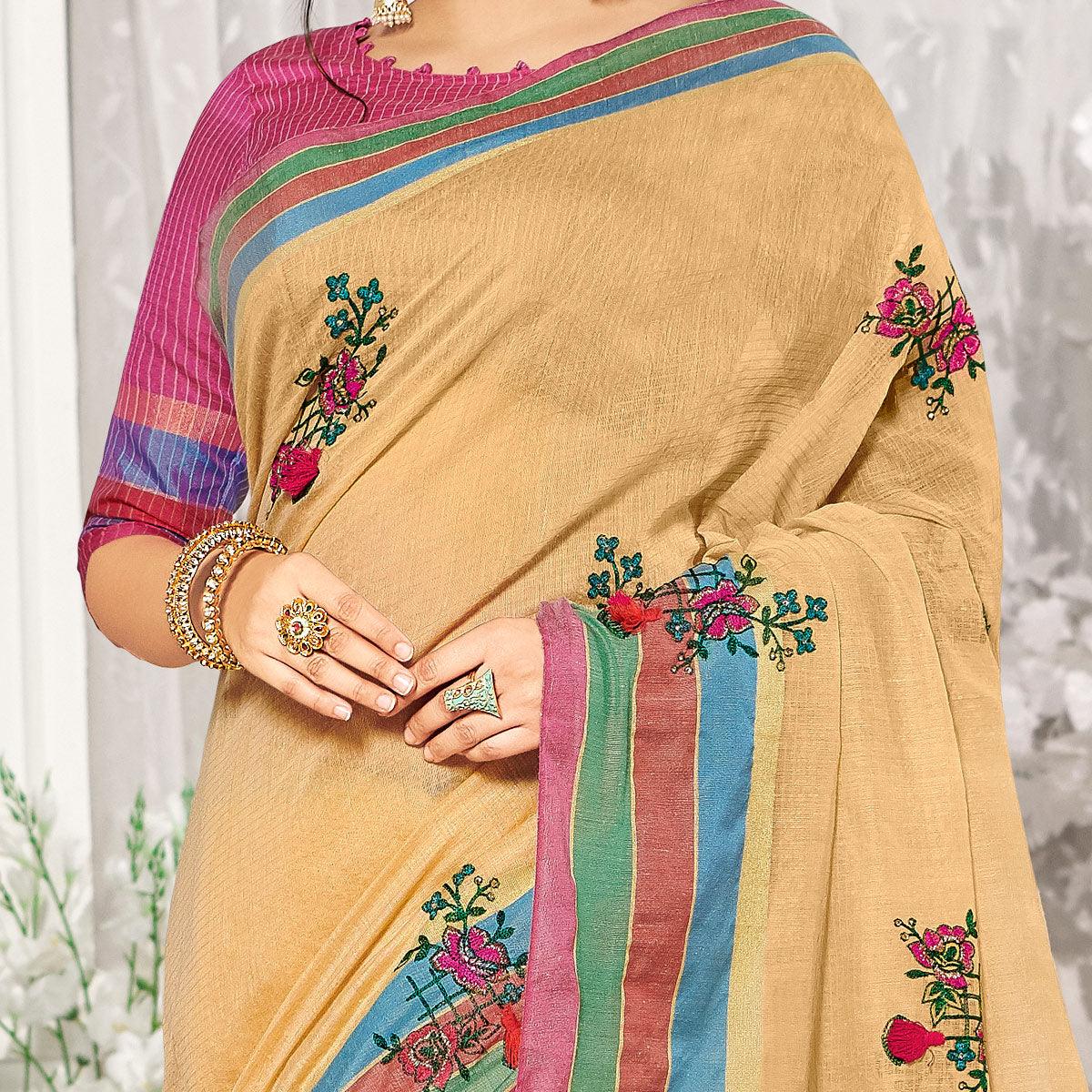 Trendy Beige Colored Party Wear Embroidered Cotton Silk Saree With Tassels - Peachmode