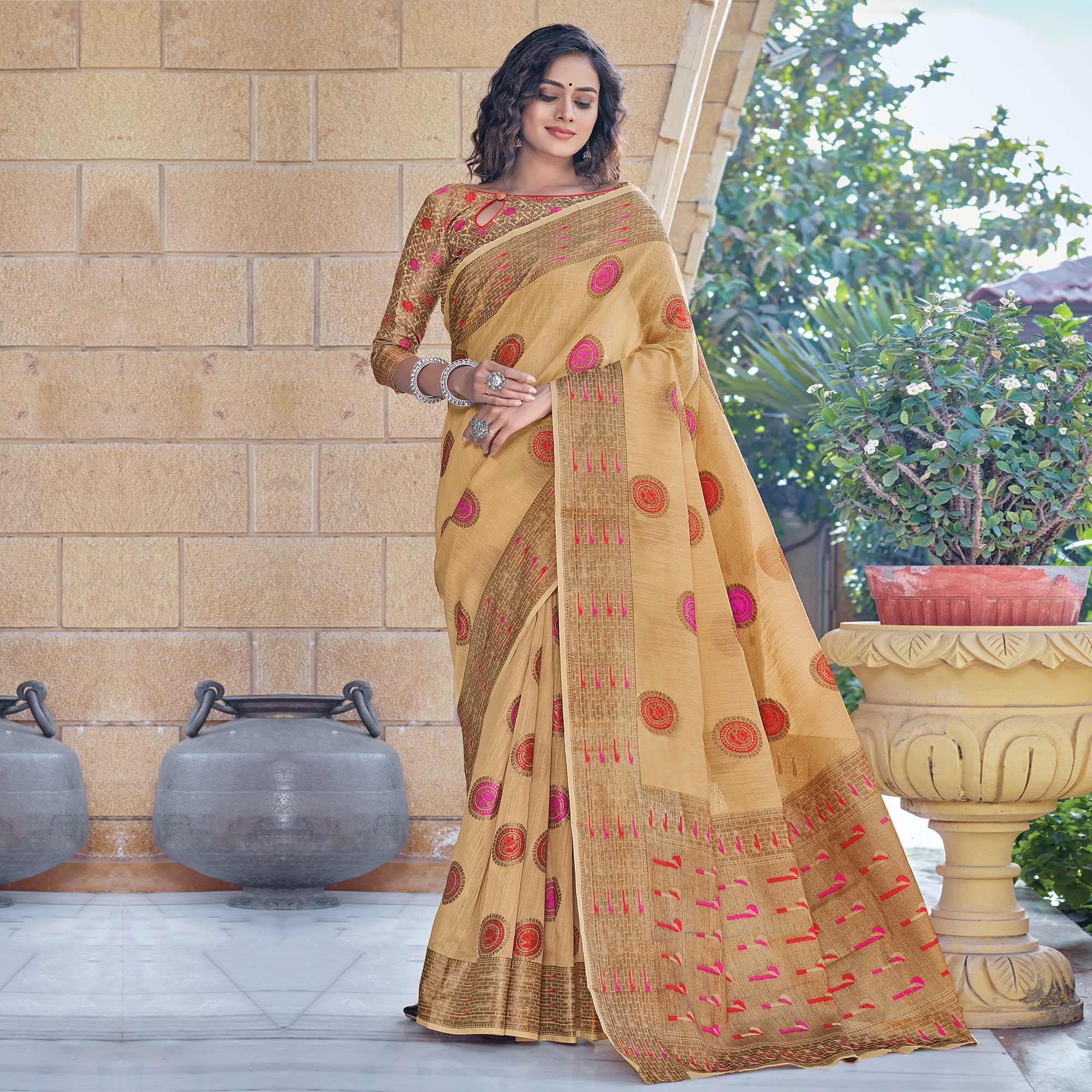 Trendy Beige Coloured Festive Wear Woven Cotton Handloom Saree - Peachmode