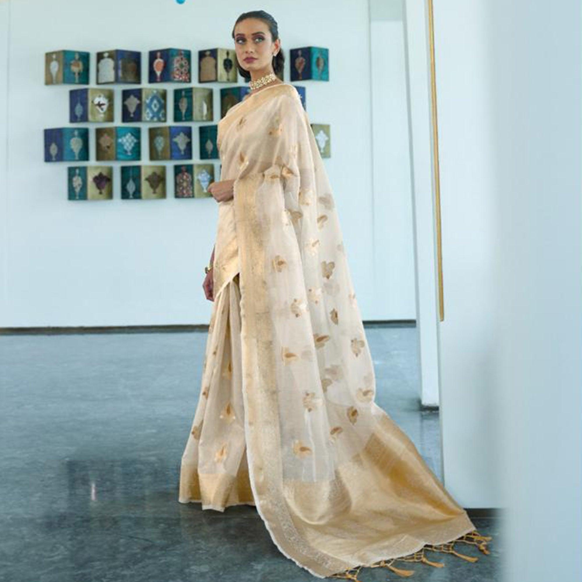 Trendy Beige Coloured Partywear Organza weaving Saree - Peachmode