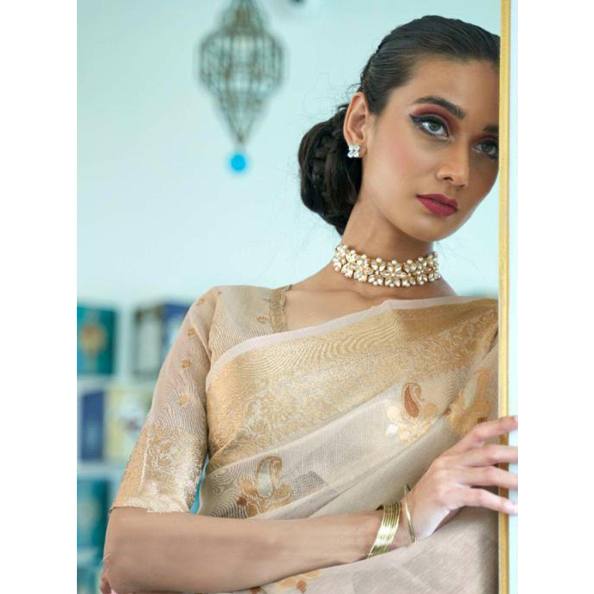 Trendy Beige Coloured Partywear Organza weaving Saree - Peachmode