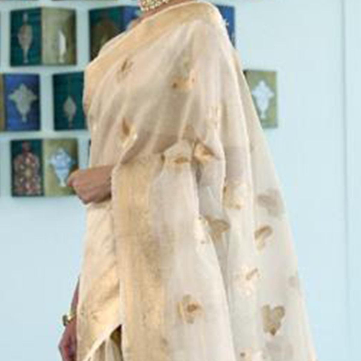 Trendy Beige Coloured Partywear Organza weaving Saree - Peachmode