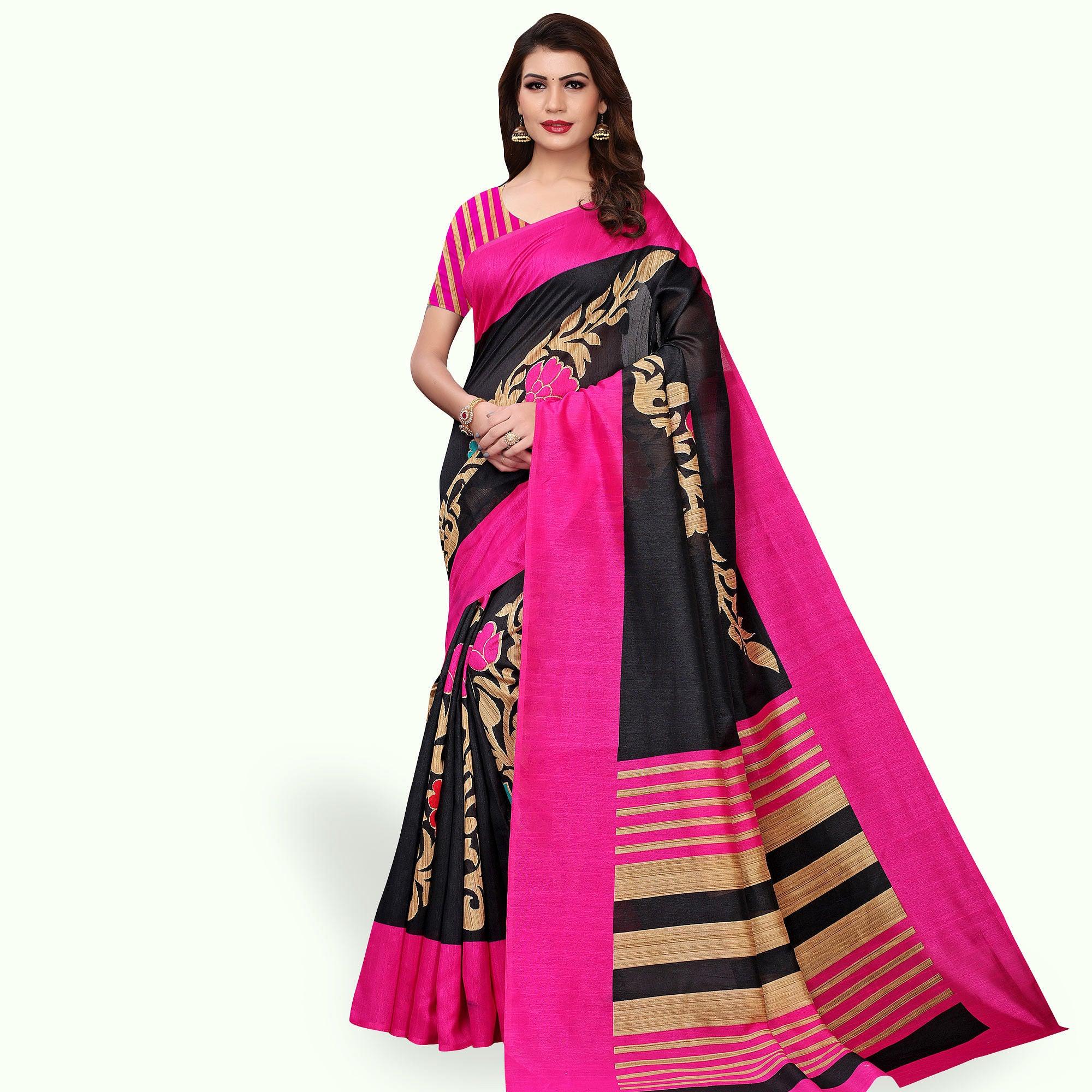 Trendy Black Colored Casual Wear Printed Bhagalpuri Silk Saree - Peachmode