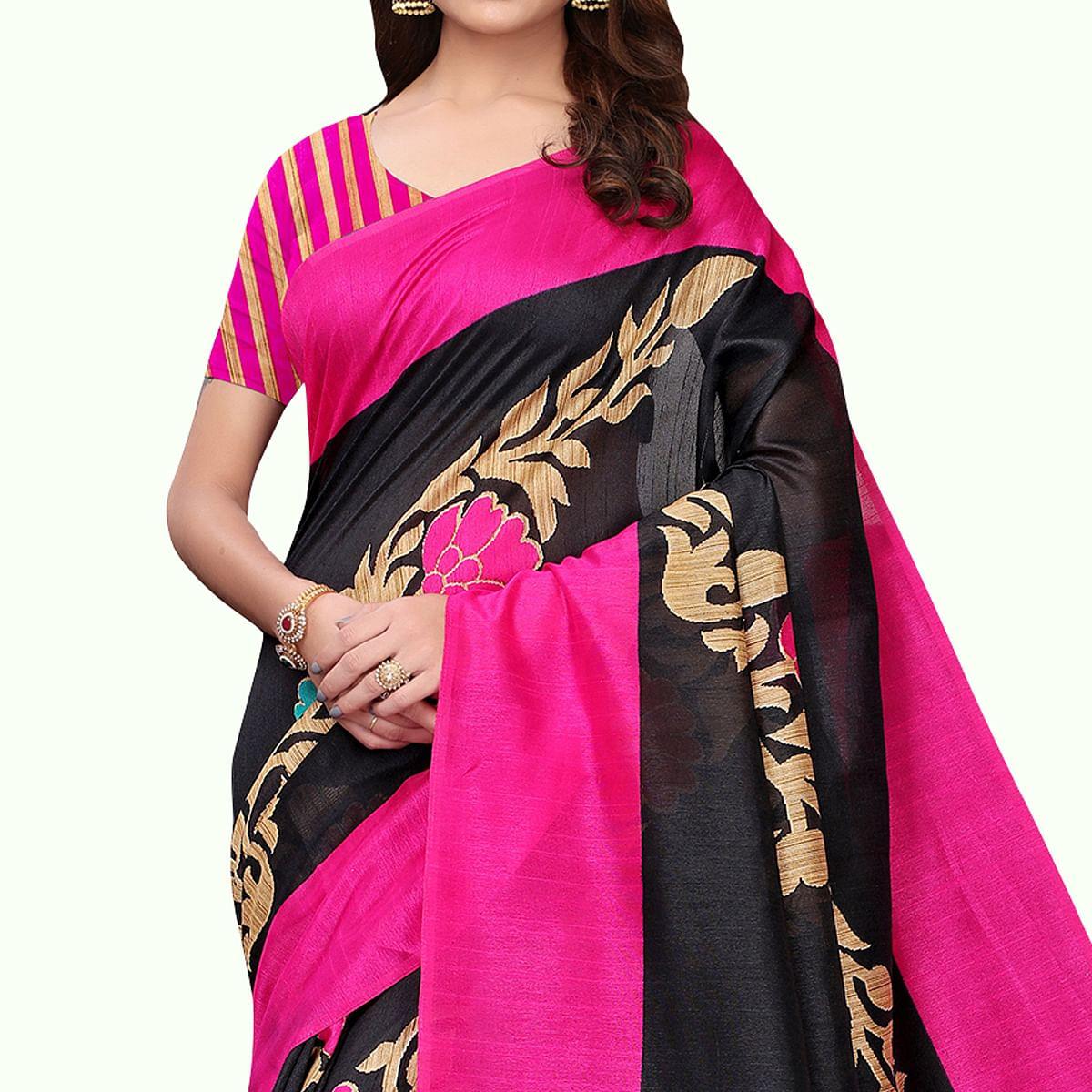 Trendy Black Colored Casual Wear Printed Bhagalpuri Silk Saree - Peachmode