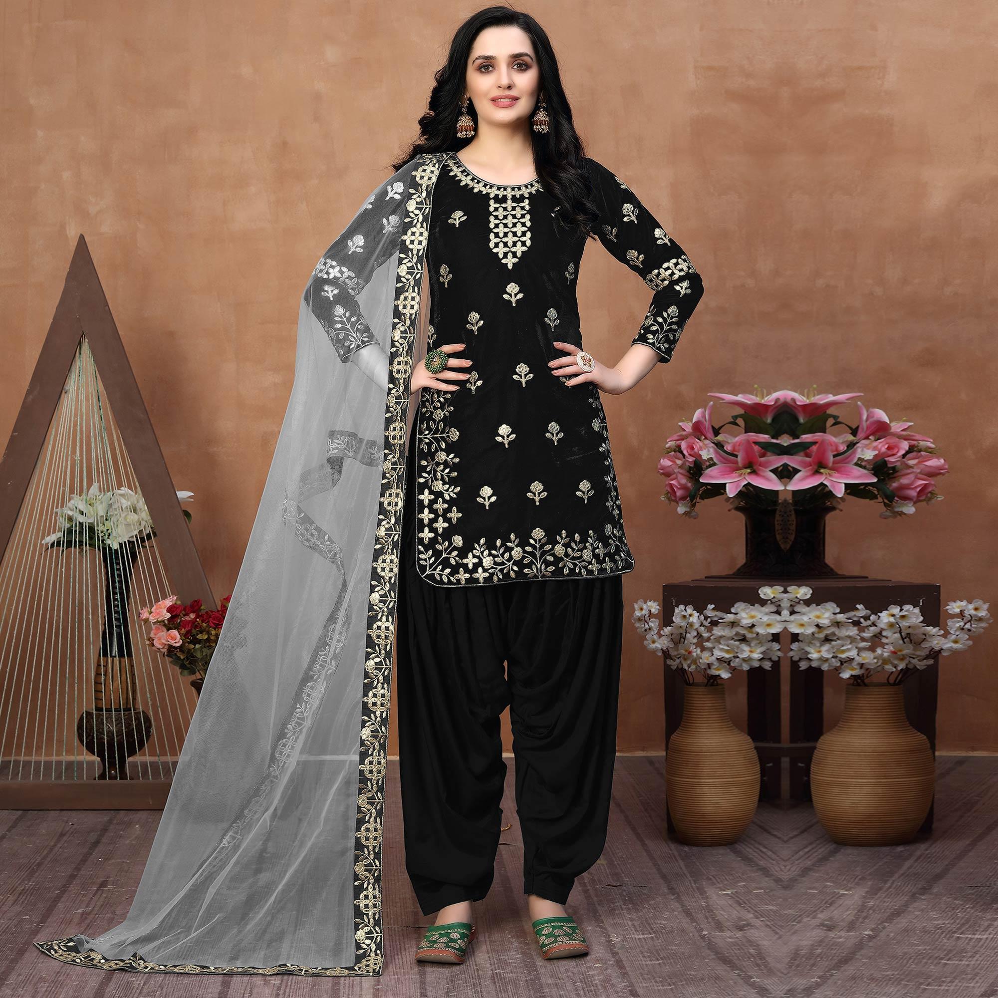 Trendy Black Coloured Partywear Mirror Embroidered Velvet Patiala Suit - Peachmode
