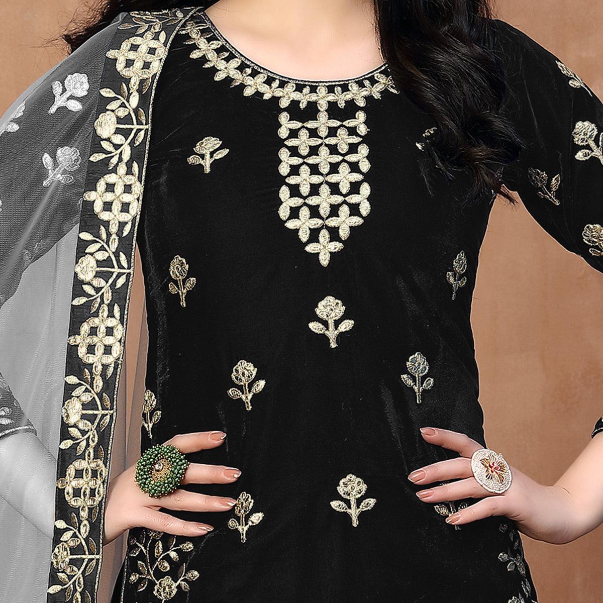 Trendy Black Coloured Partywear Mirror Embroidered Velvet Patiala Suit - Peachmode