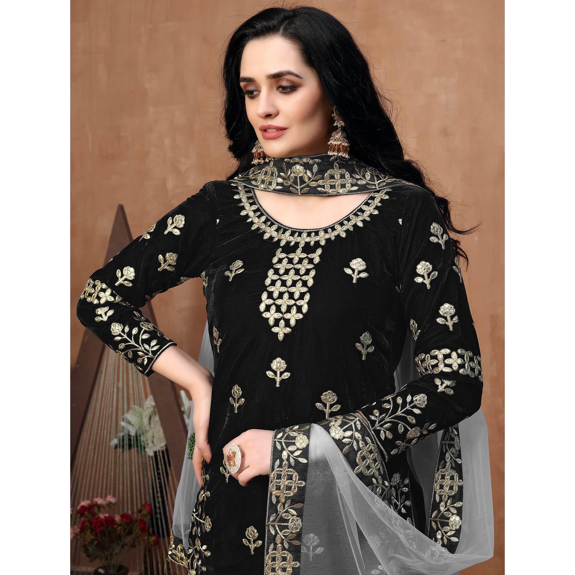 Trendy Black Coloured Partywear Mirror Embroidered Velvet Patiala Suit - Peachmode