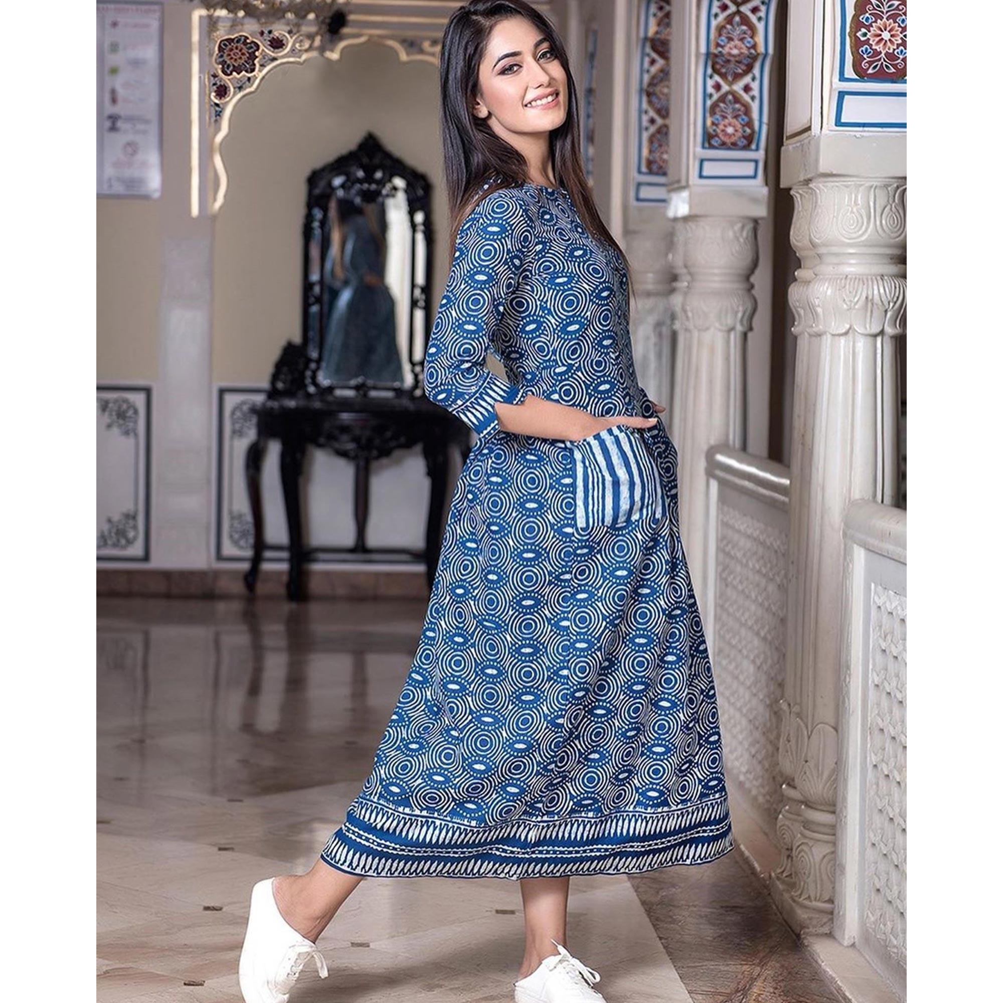 Trendy Blue Colored Casual Printed Muslin Blend Gown - Peachmode